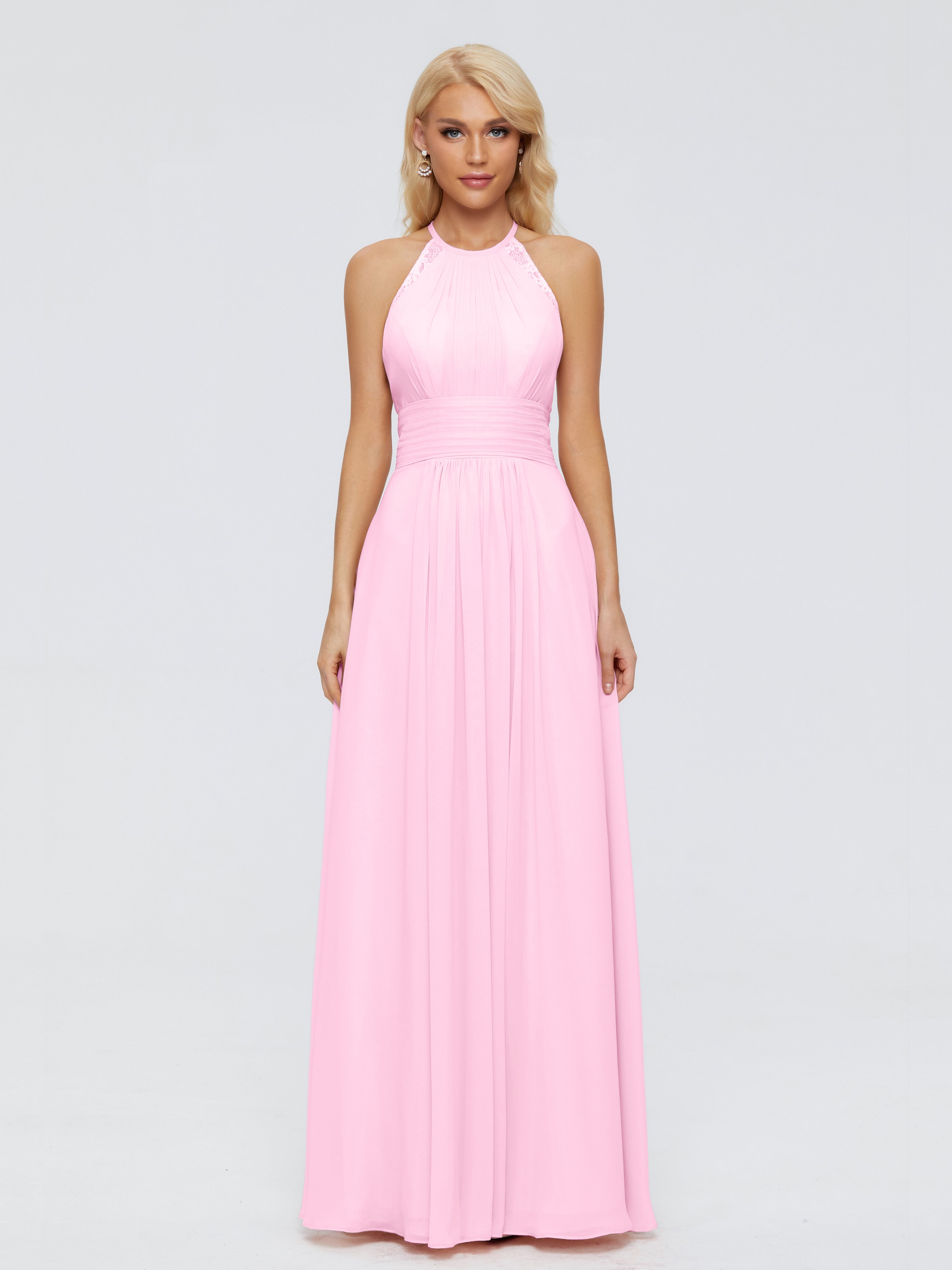 Robes De Demoiselle D'Honneur Rose Bonbon Trapèze Licou Dentelle Mousseline Robes Demoiselle D'Honneur