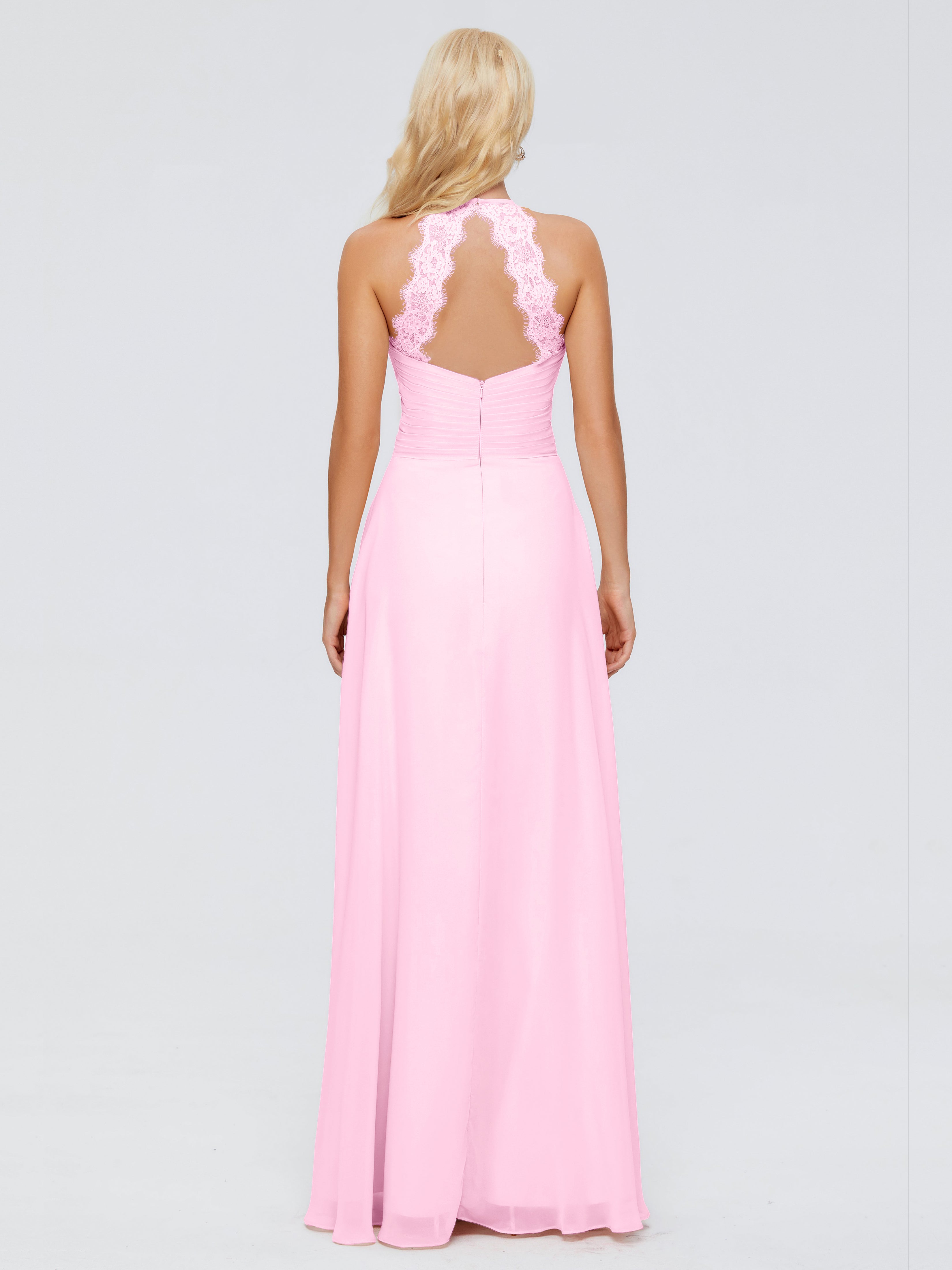 Robes De Demoiselle D'Honneur Rose Bonbon Trapèze Licou Dentelle Mousseline Robes Demoiselle D'Honneur