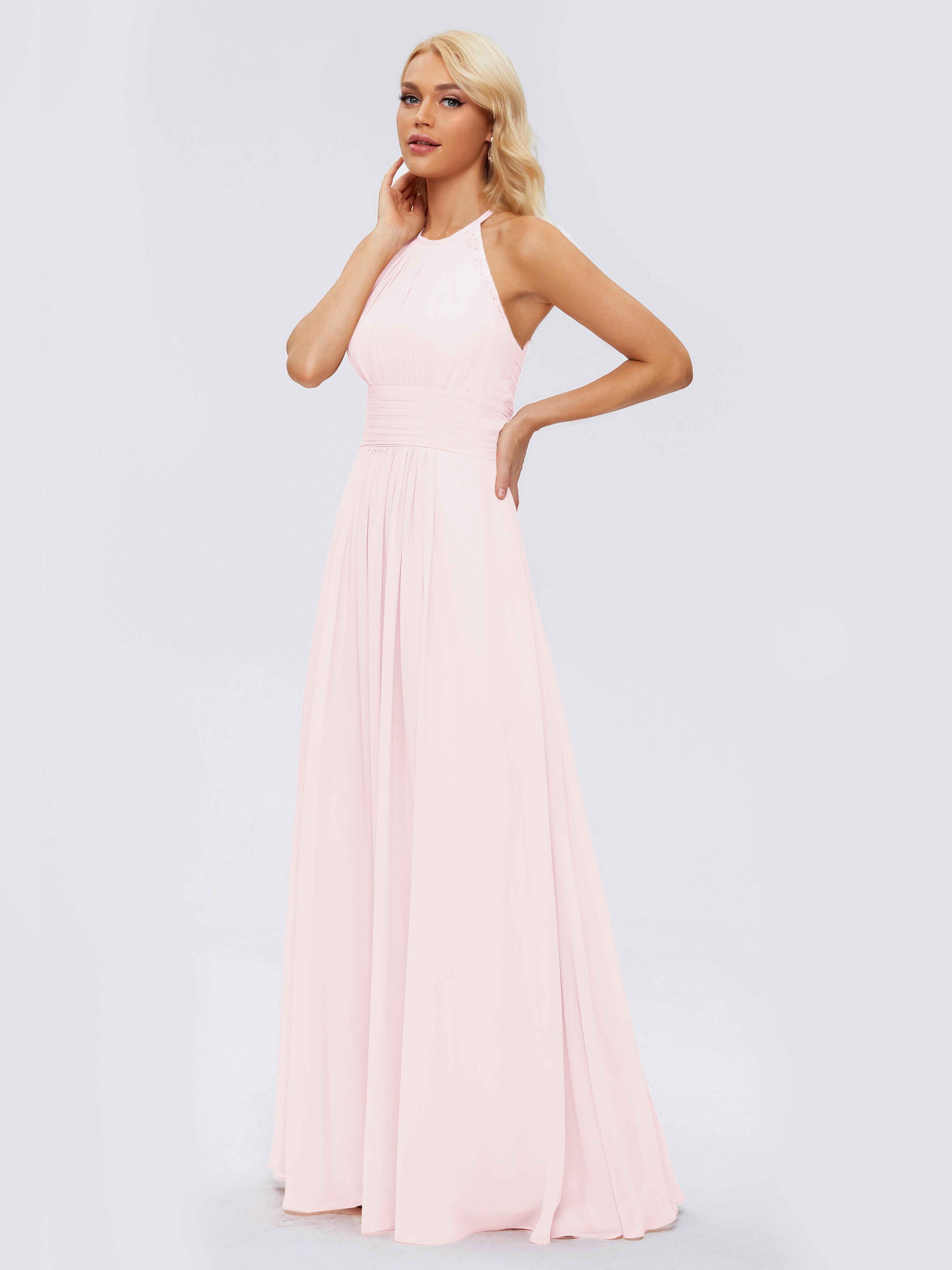 Robes De Demoiselle D'Honneur Rose Pale Trapèze Licou Dentelle Mousseline Robes Demoiselle D'Honneur
