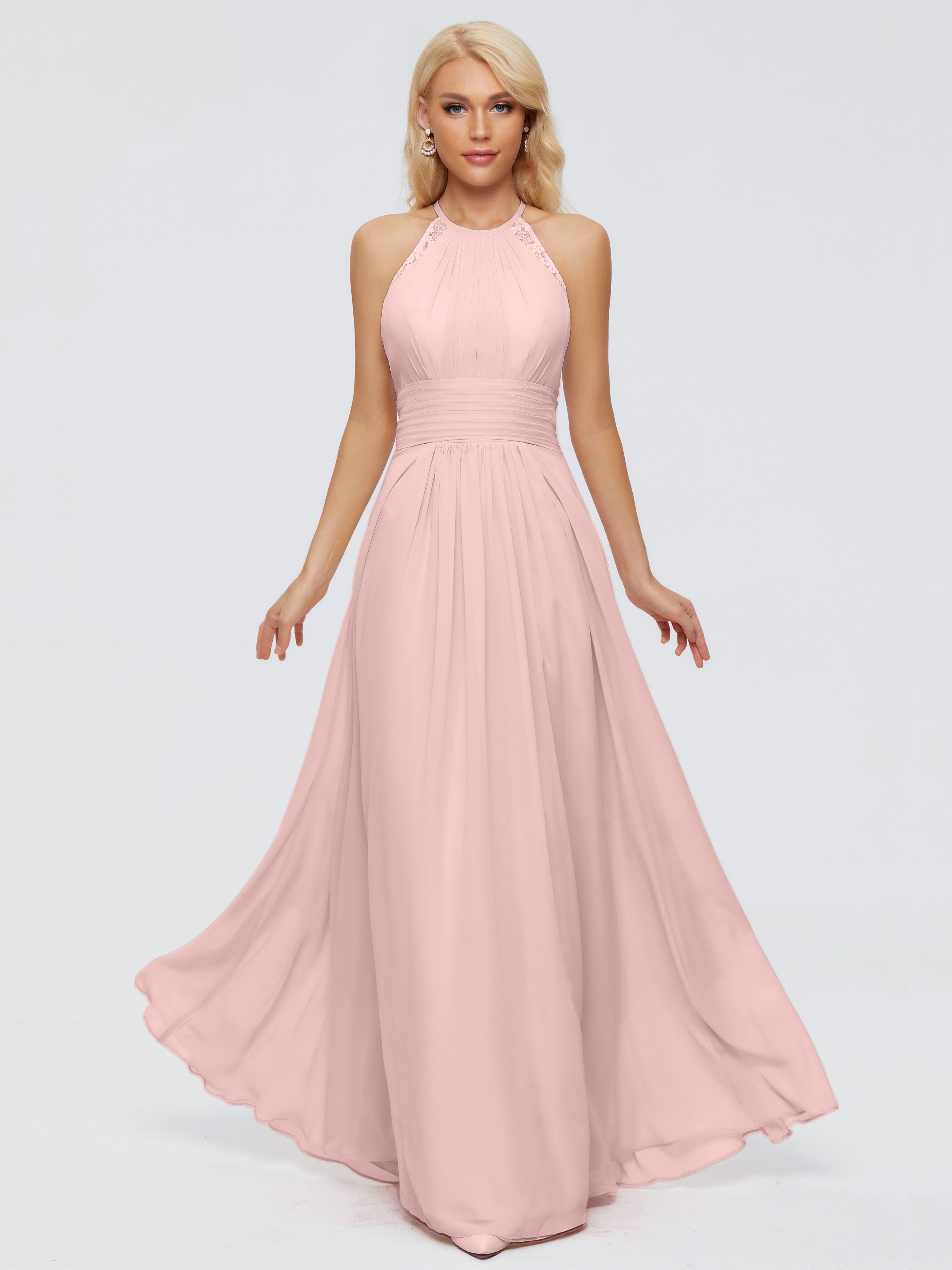 Robes De Demoiselle D'Honneur Rose Poussiéreux Trapèze Licou Dentelle Mousseline Robes Demoiselle D'Honneur