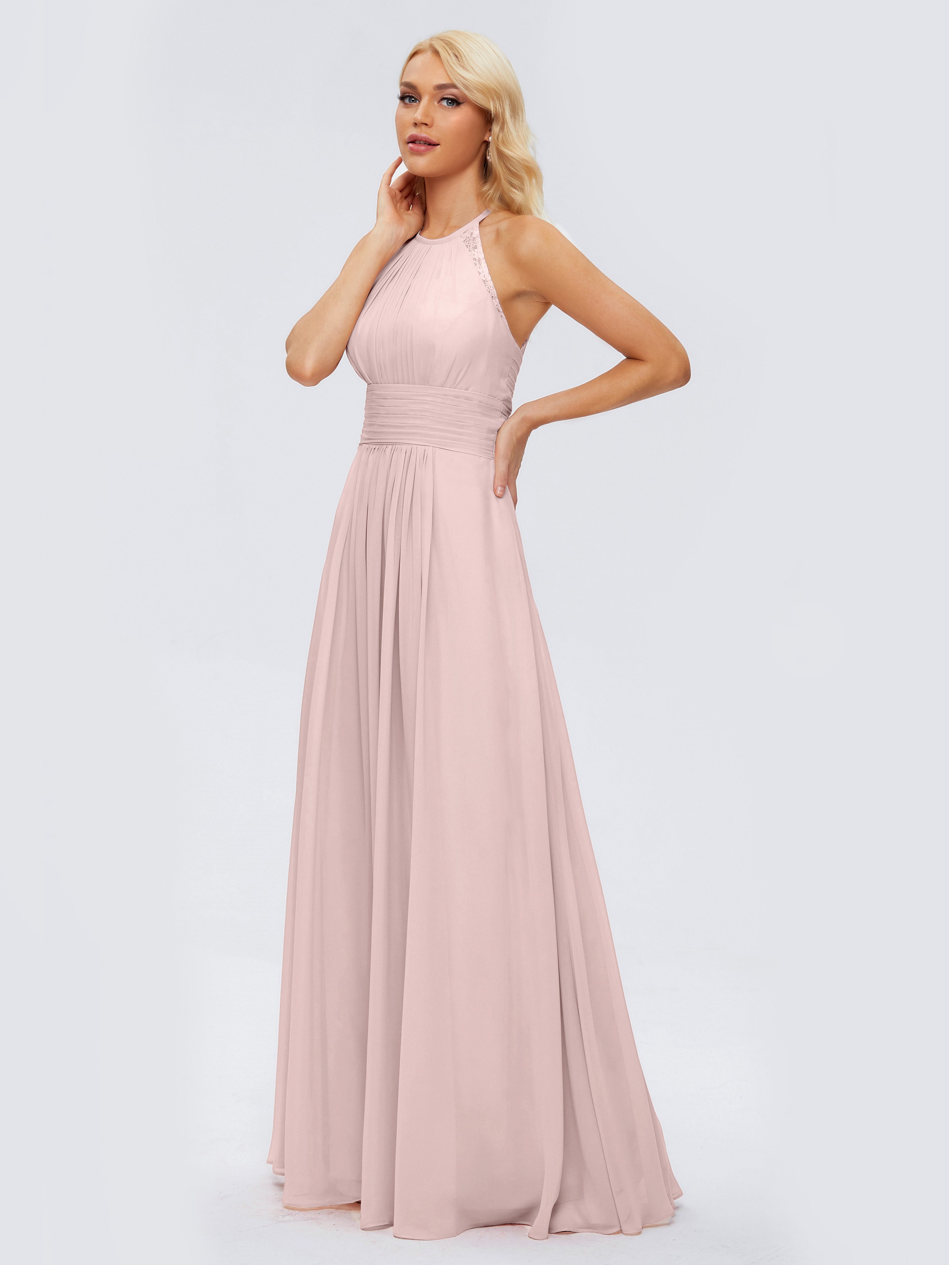 Robes De Demoiselle D'Honneur Rose Poussiéreux Trapèze Licou Dentelle Mousseline Robes Demoiselle D'Honneur