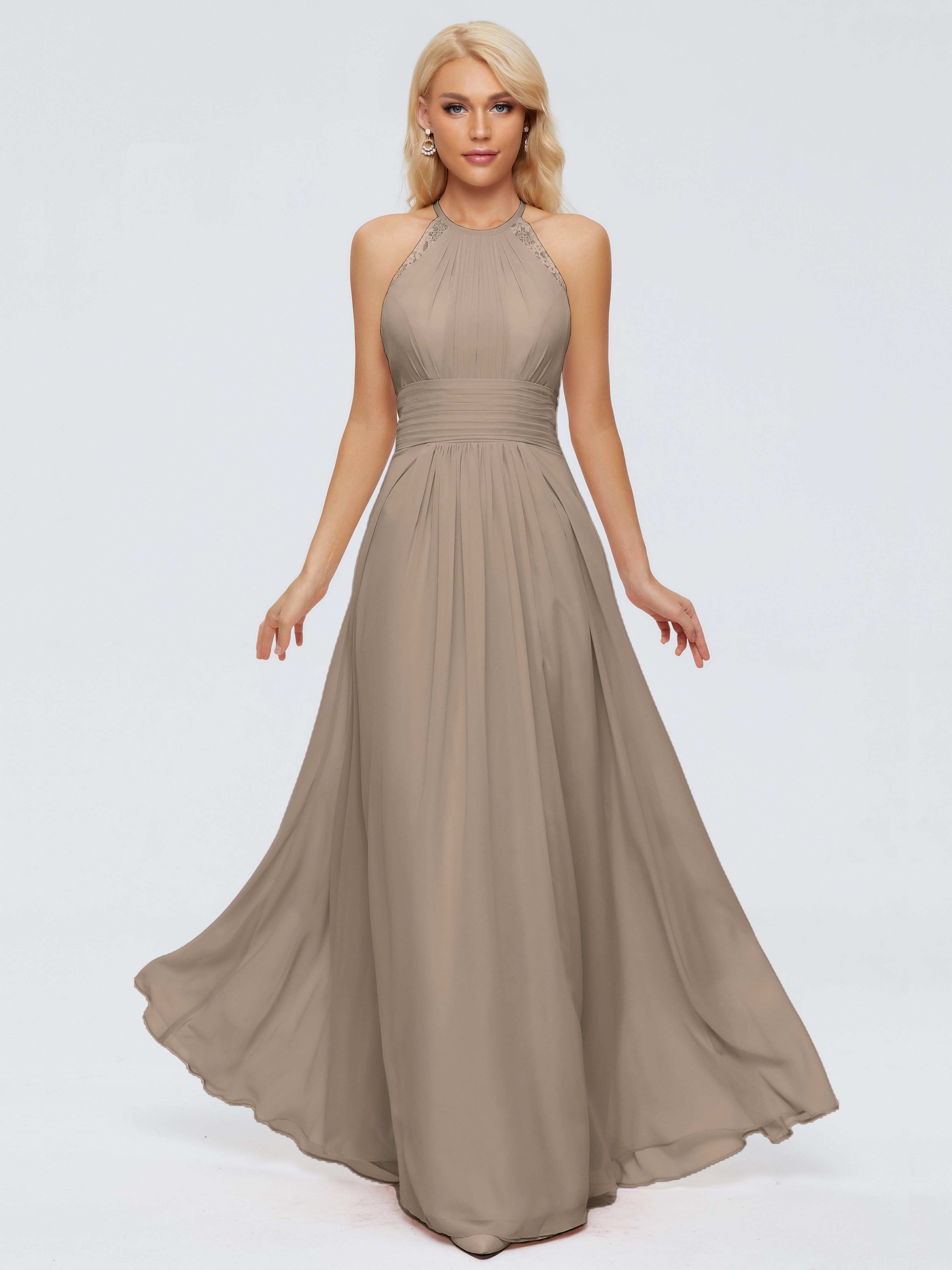Robe Ceremonie Taupe Trapèze Licou Dentelle Mousseline Robes Demoiselle D'Honneur