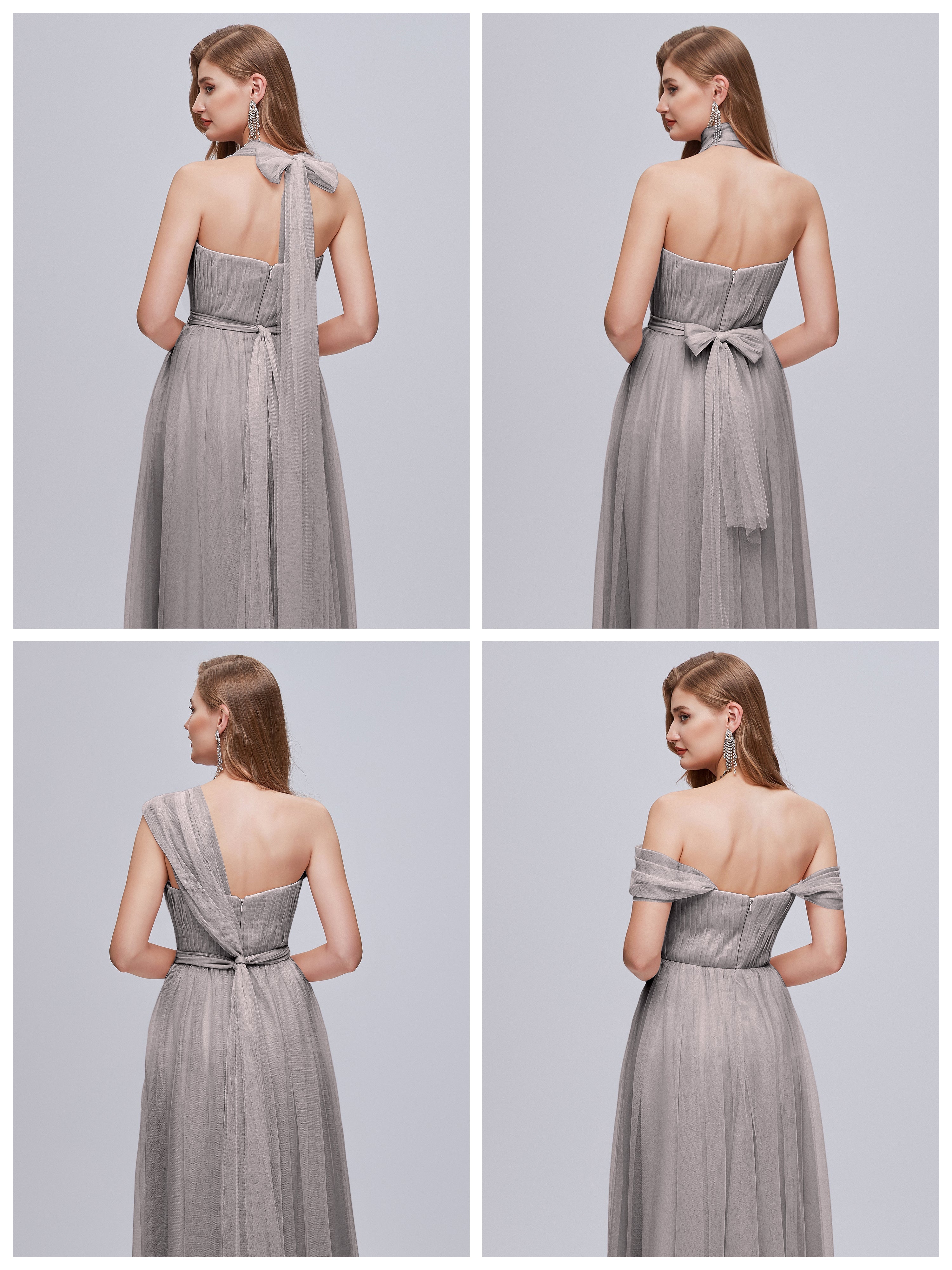 Robes De Demoiselle D'Honneur En Argent Convertible Fendue Tulle Robe De Demoiselle D'Honneur