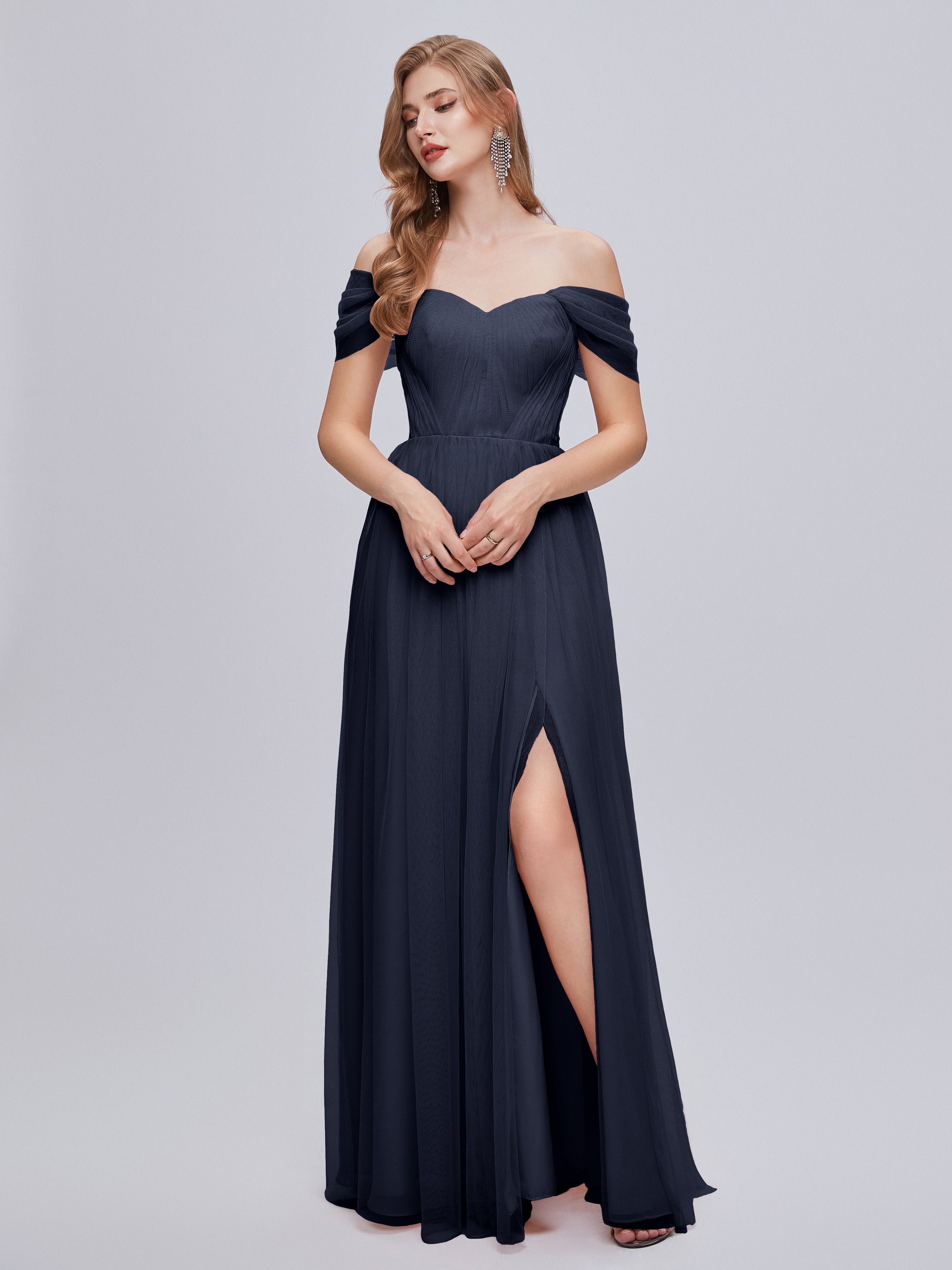 Robes De Demoiselle D'Honneur Bleu Marine Convertible Fendue Tulle Robe De Demoiselle D'Honneur