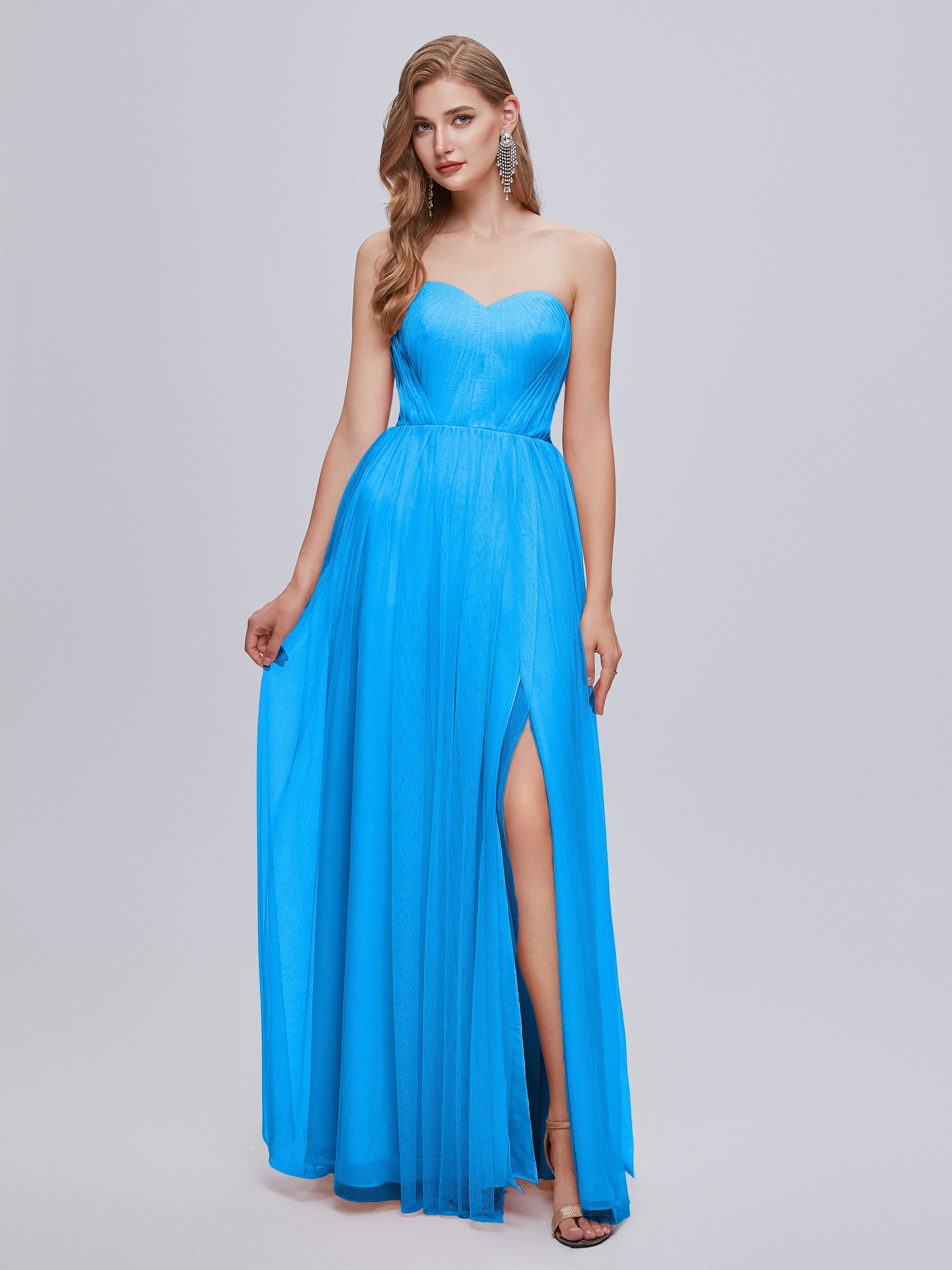 Robes De Demoiselle D'Honneur Bleu Océan Convertible Fendue Tulle Robe De Demoiselle D'Honneur