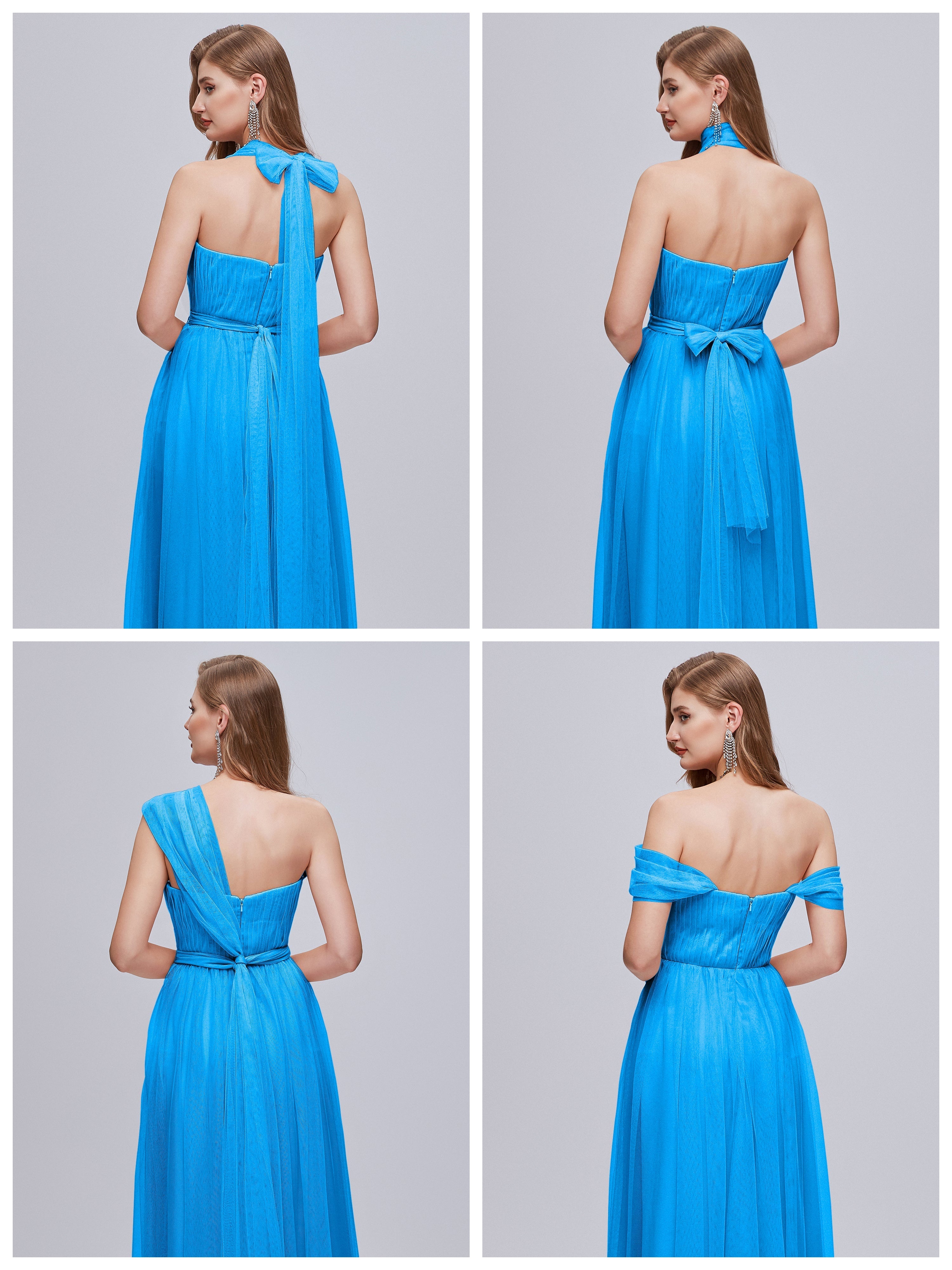 Robes De Demoiselle D'Honneur Bleu Océan Convertible Fendue Tulle Robe De Demoiselle D'Honneur