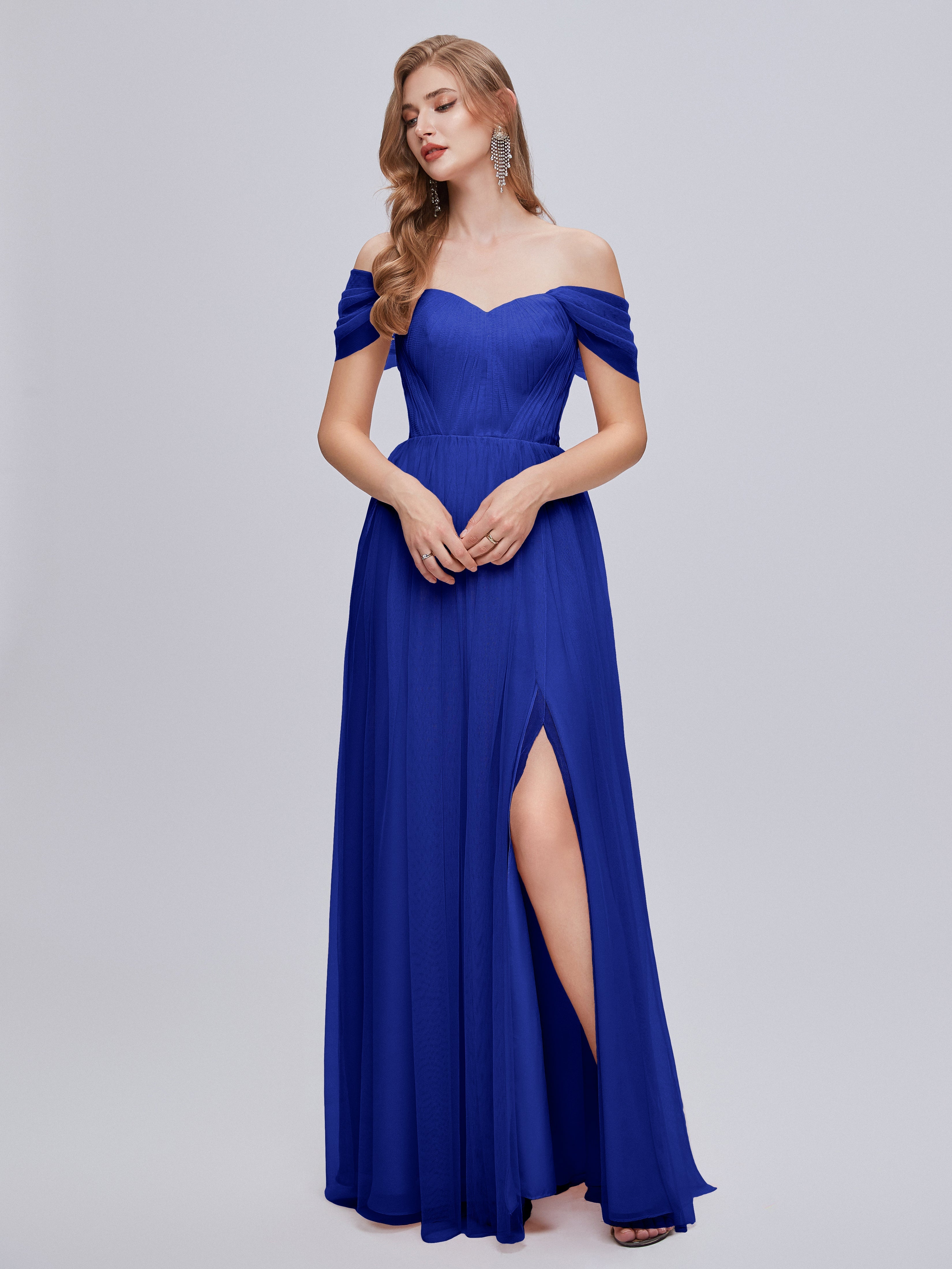 Robes De Demoiselle D'Honneur Bleu Royal Convertible Fendue Tulle Robe De Demoiselle D'Honneur