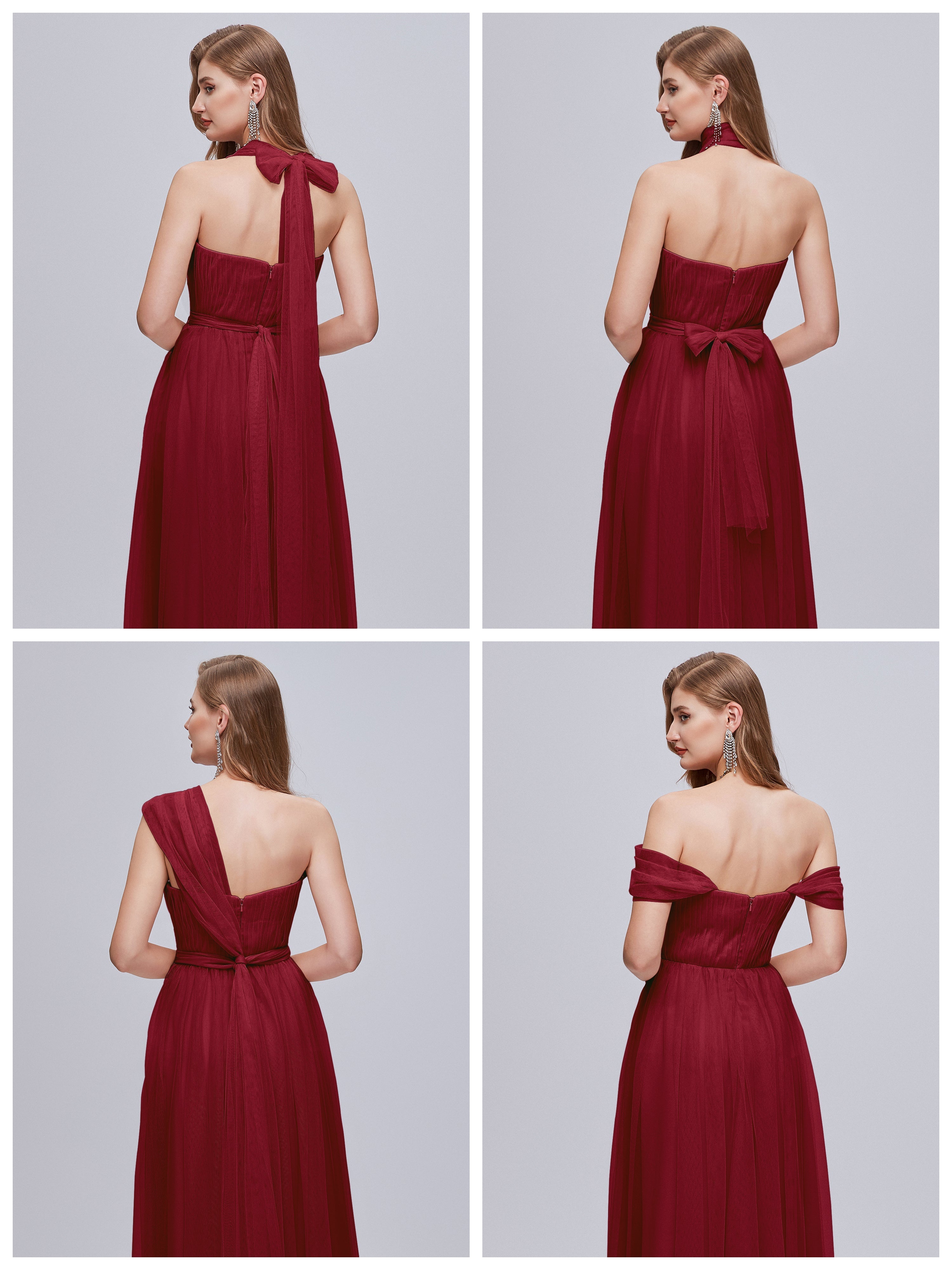 Robes De Demoiselle D'Honneur Bordeaux Longues Convertible Fendue Tulle Robe De Demoiselle D'Honneur