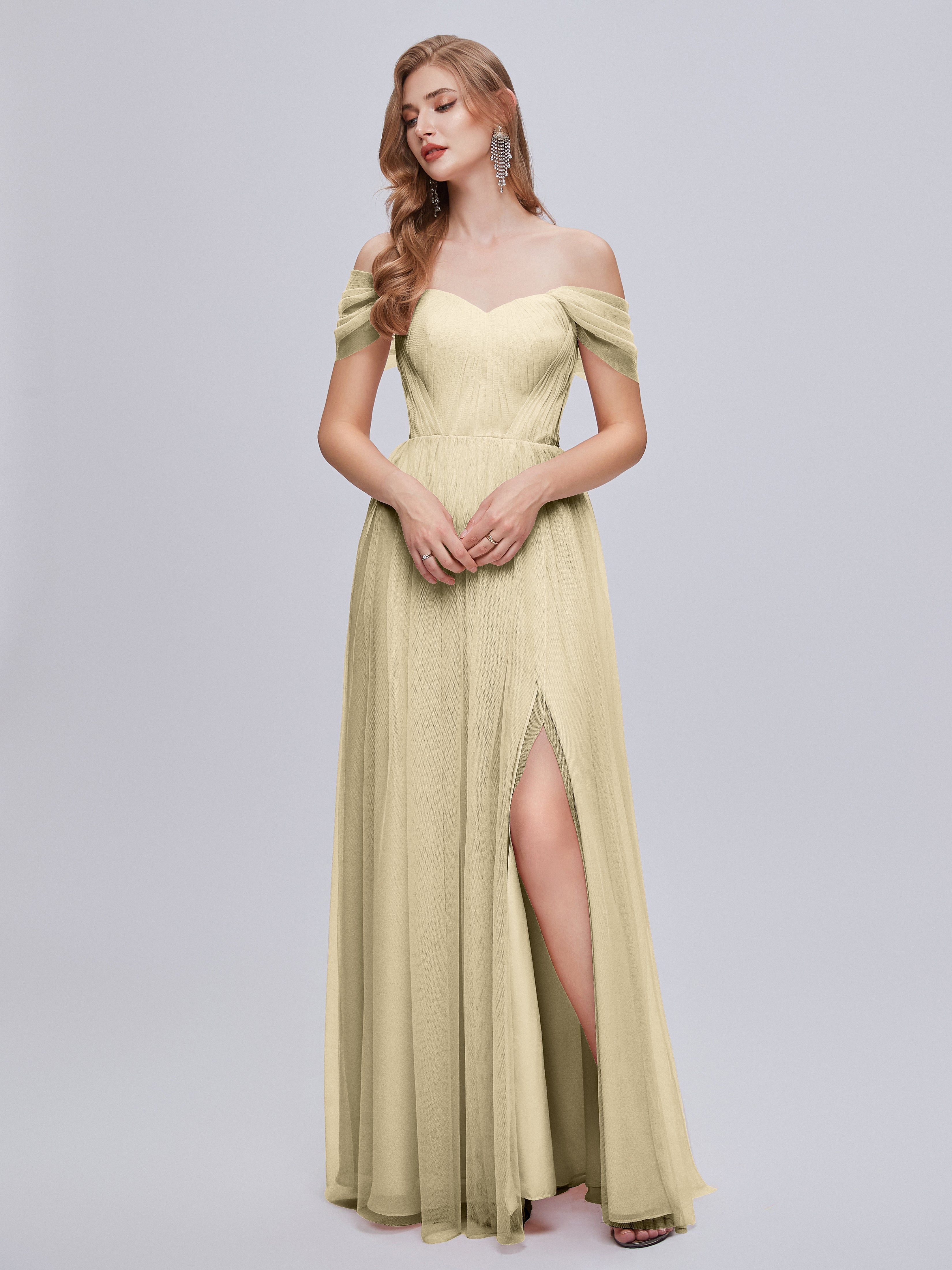 Robe Longue Demoiselle D Honneur Champagne Convertible Fendue Tulle Robe De Demoiselle D'Honneur