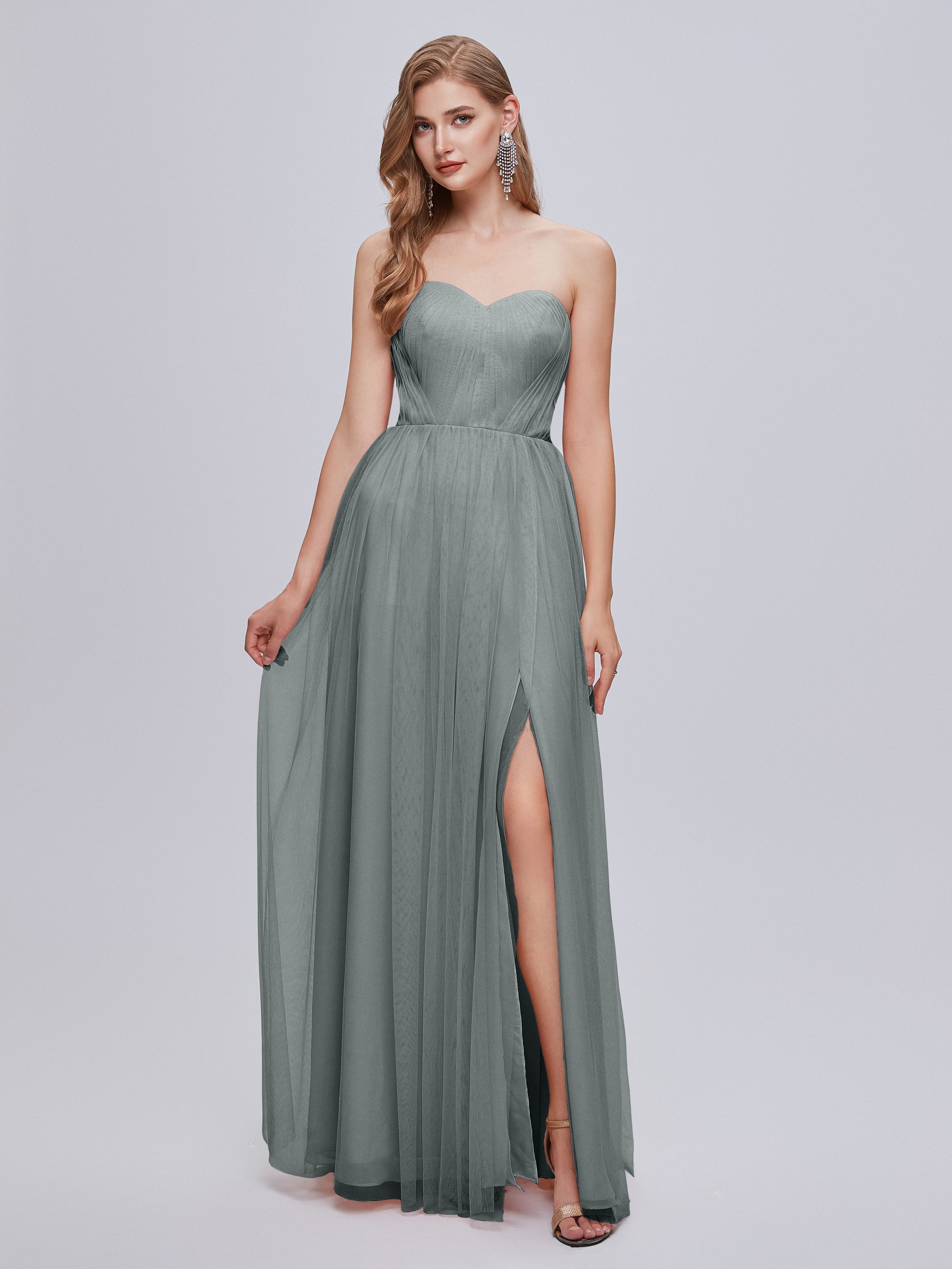 Demoiselle D Honneur Gris Convertible Fendue Tulle Robe De Demoiselle D'Honneur