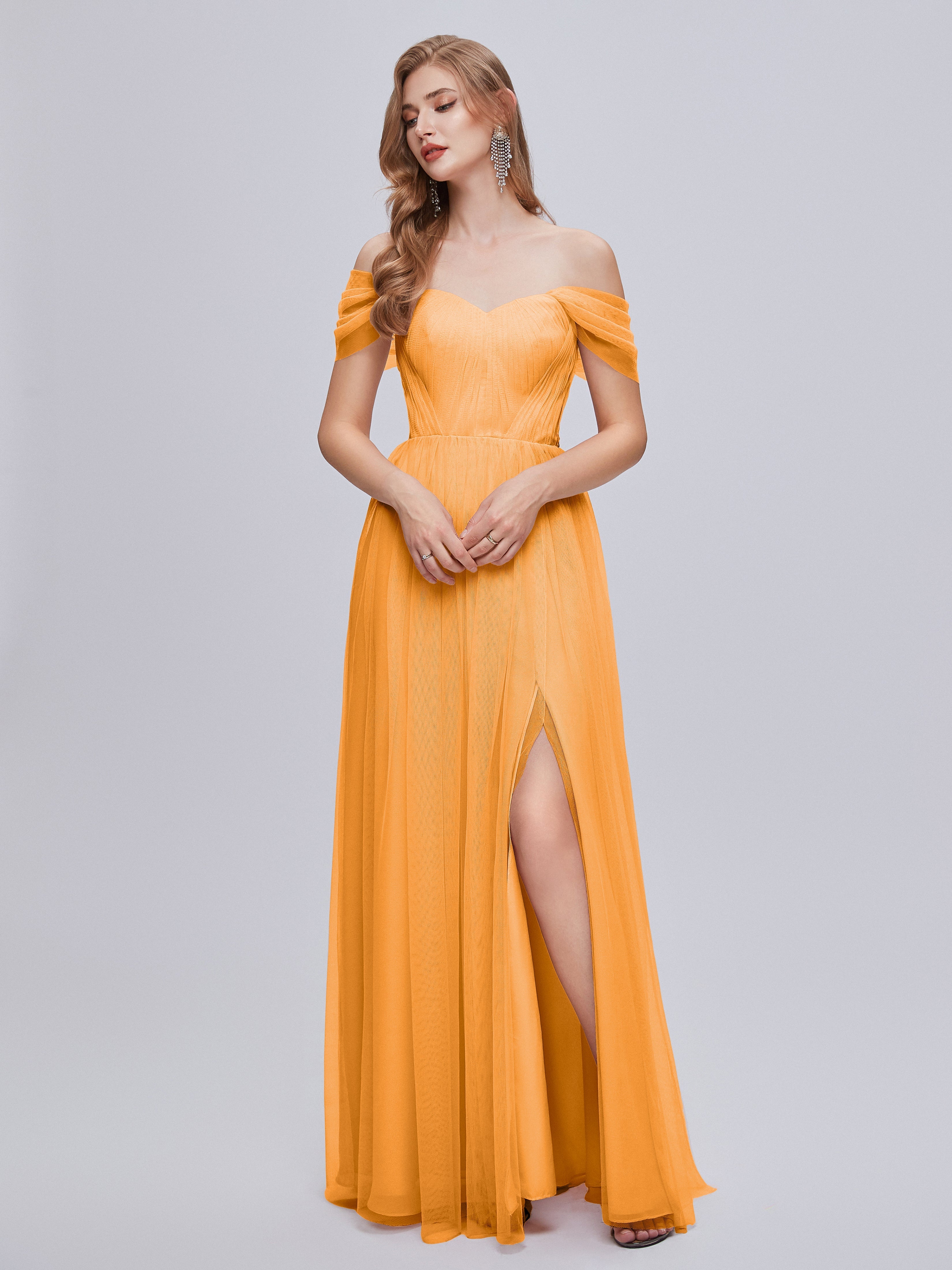 Robes De Demoiselle D'Honneur Mandarine Convertible Fendue Tulle Robe De Demoiselle D'Honneur