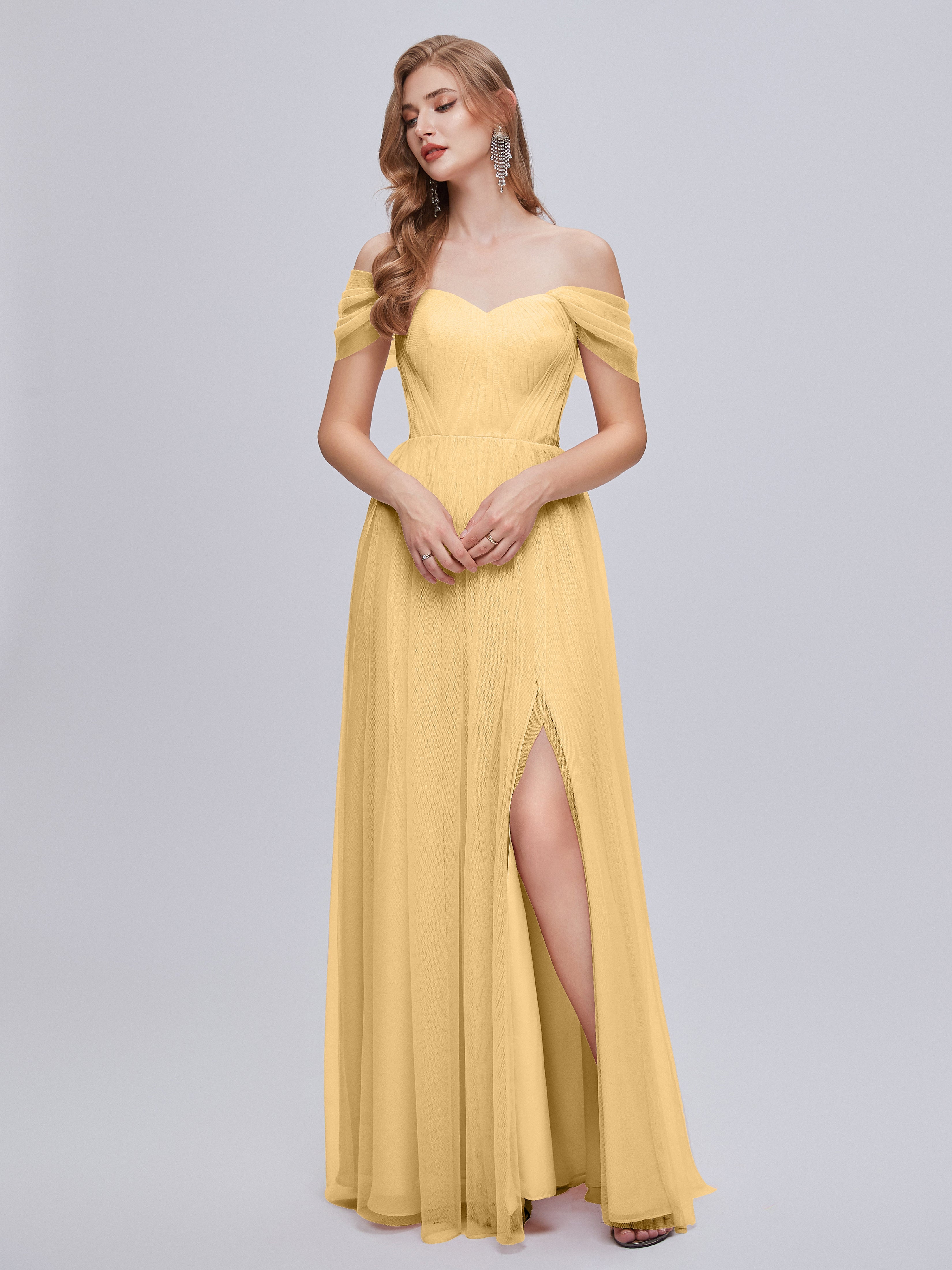 Demoiselle Robe Dorée Mariage Convertible Fendue Tulle Robe De Demoiselle D'Honneur