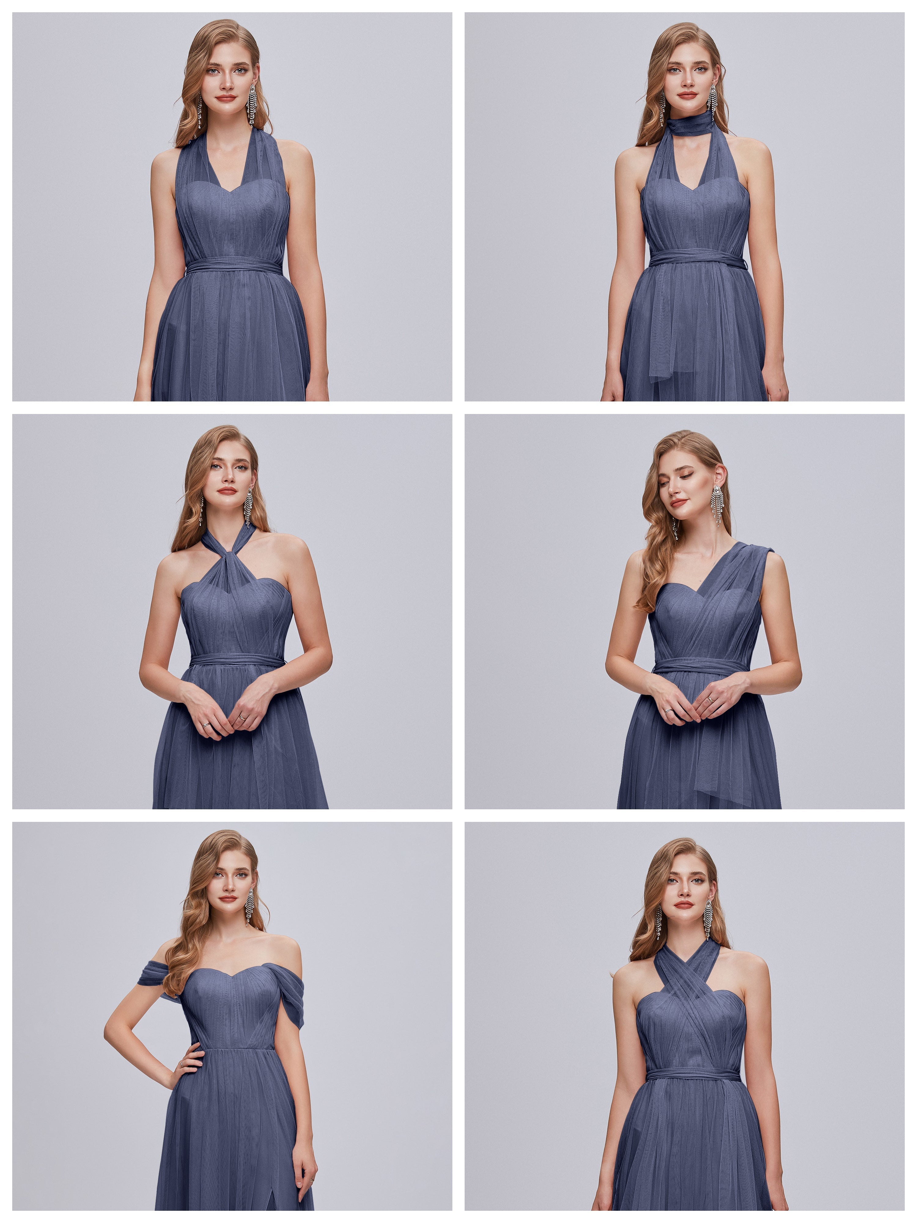 Robes De Demoiselle D'Honneur Bleu Orageux Convertible Fendue Tulle Robe De Demoiselle D'Honneur