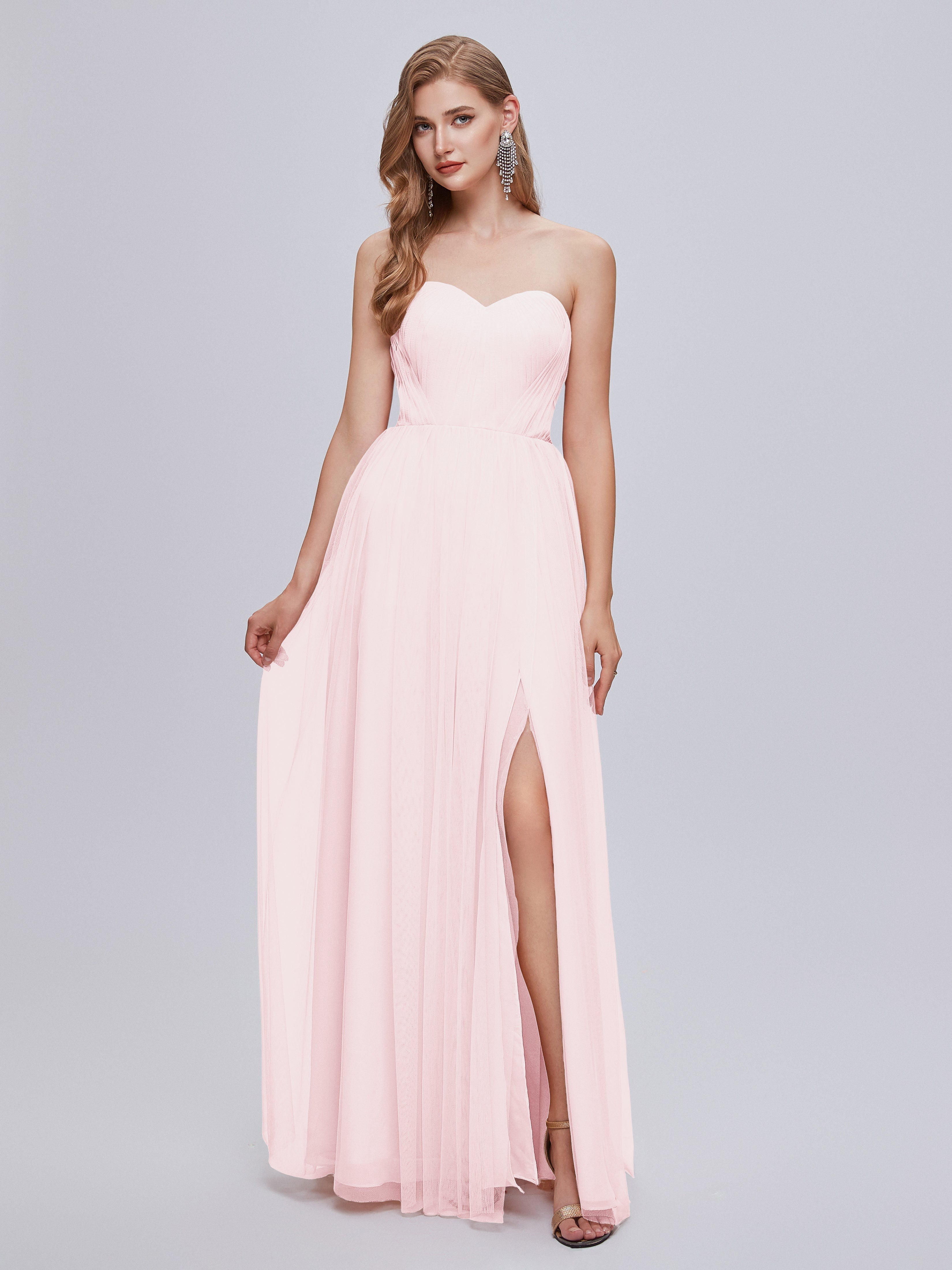 Robe De Demoiselle D Honneur Rose Pale Convertible Fendue Tulle Robe De Demoiselle D'Honneur