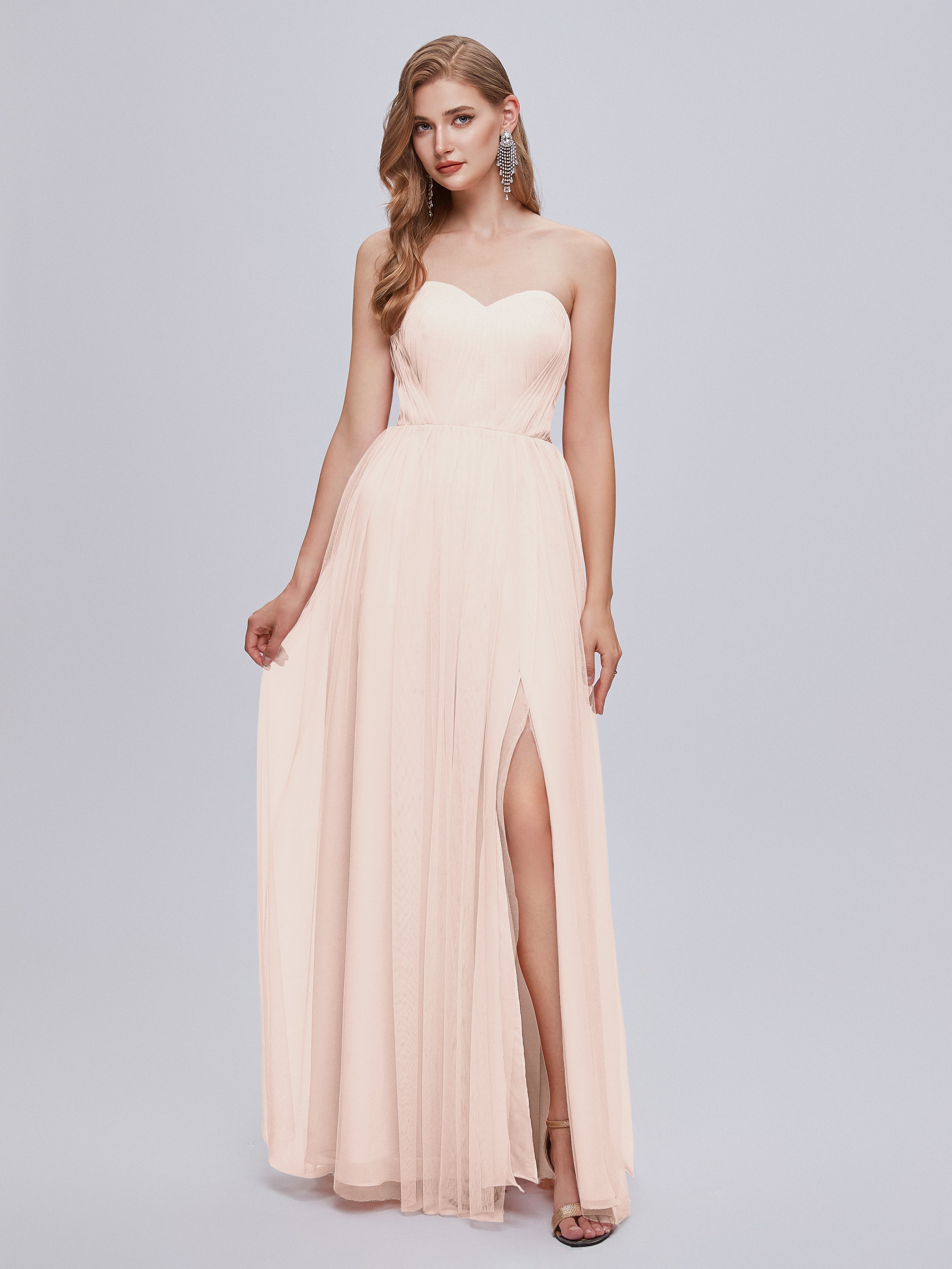 Robe Demoiselle D Honneur Rose Perle Convertible Fendue Tulle Robe De Demoiselle D'Honneur