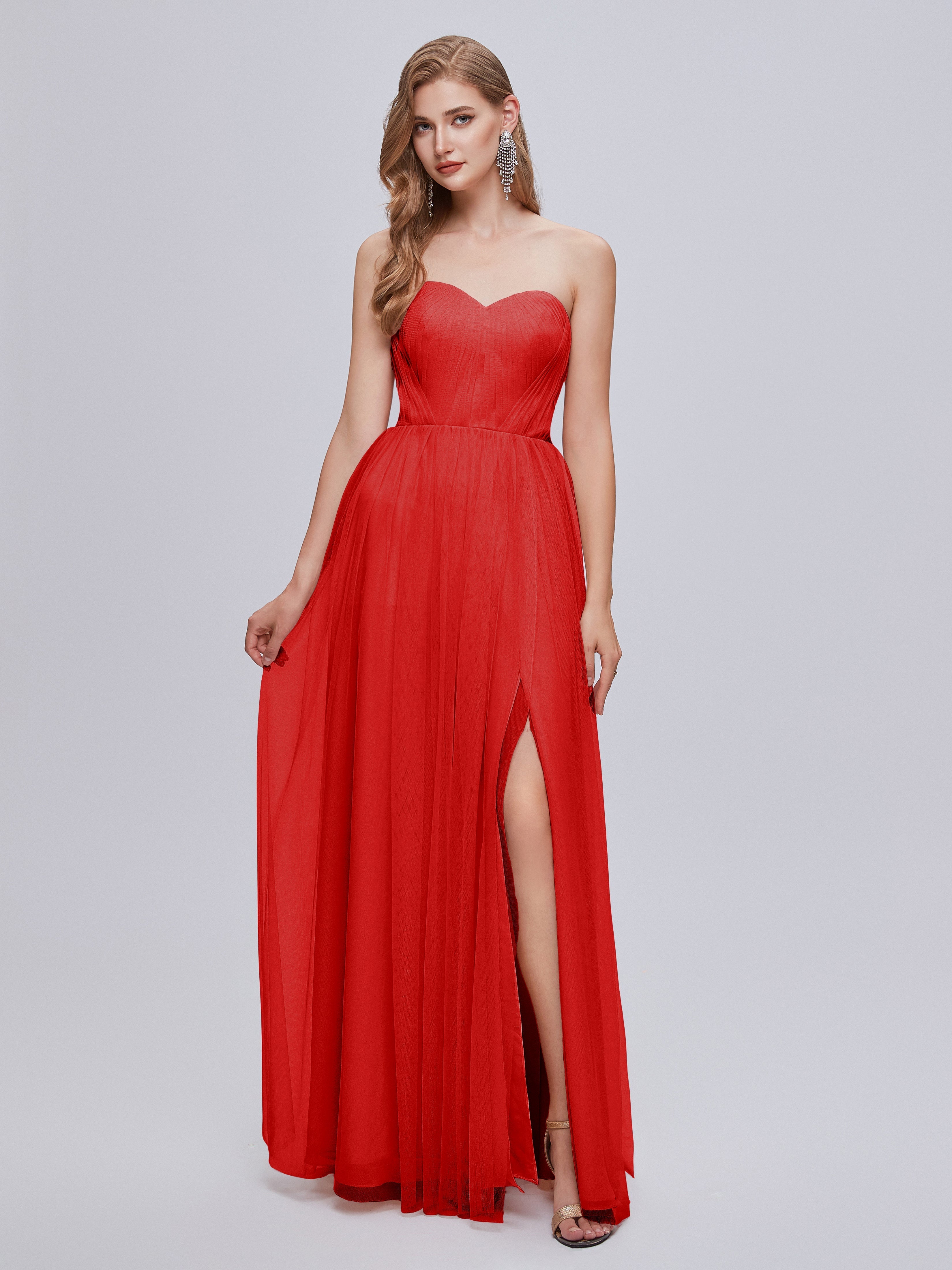 Robe Demoiselle D Honneur Rouge Convertible Fendue Tulle Robe De Demoiselle D'Honneur