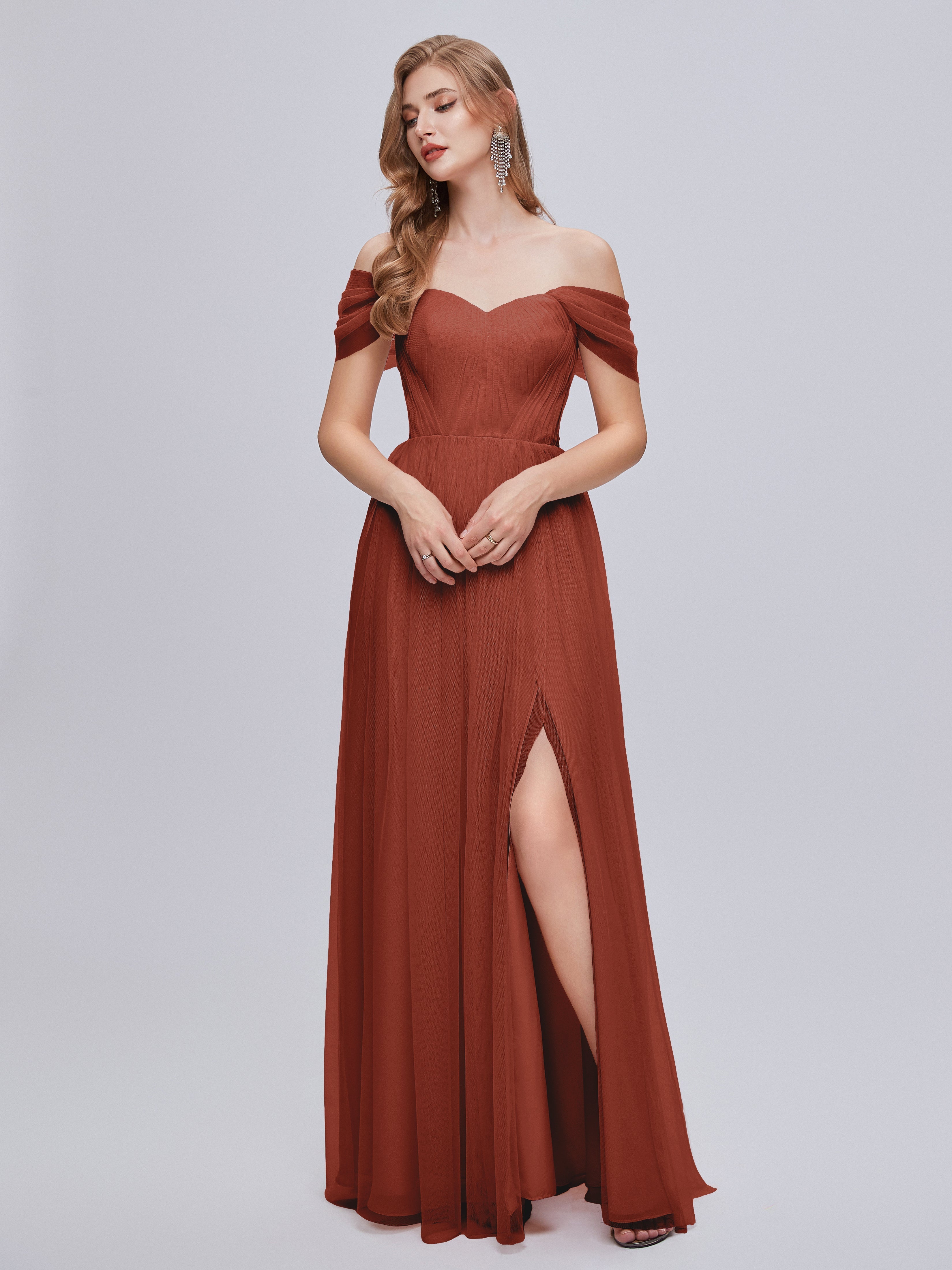 Robes De Demoiselle D'Honneur Couleur Rouille Bon Marché Convertible Fendue Tulle Robe De Demoiselle D'Honneur