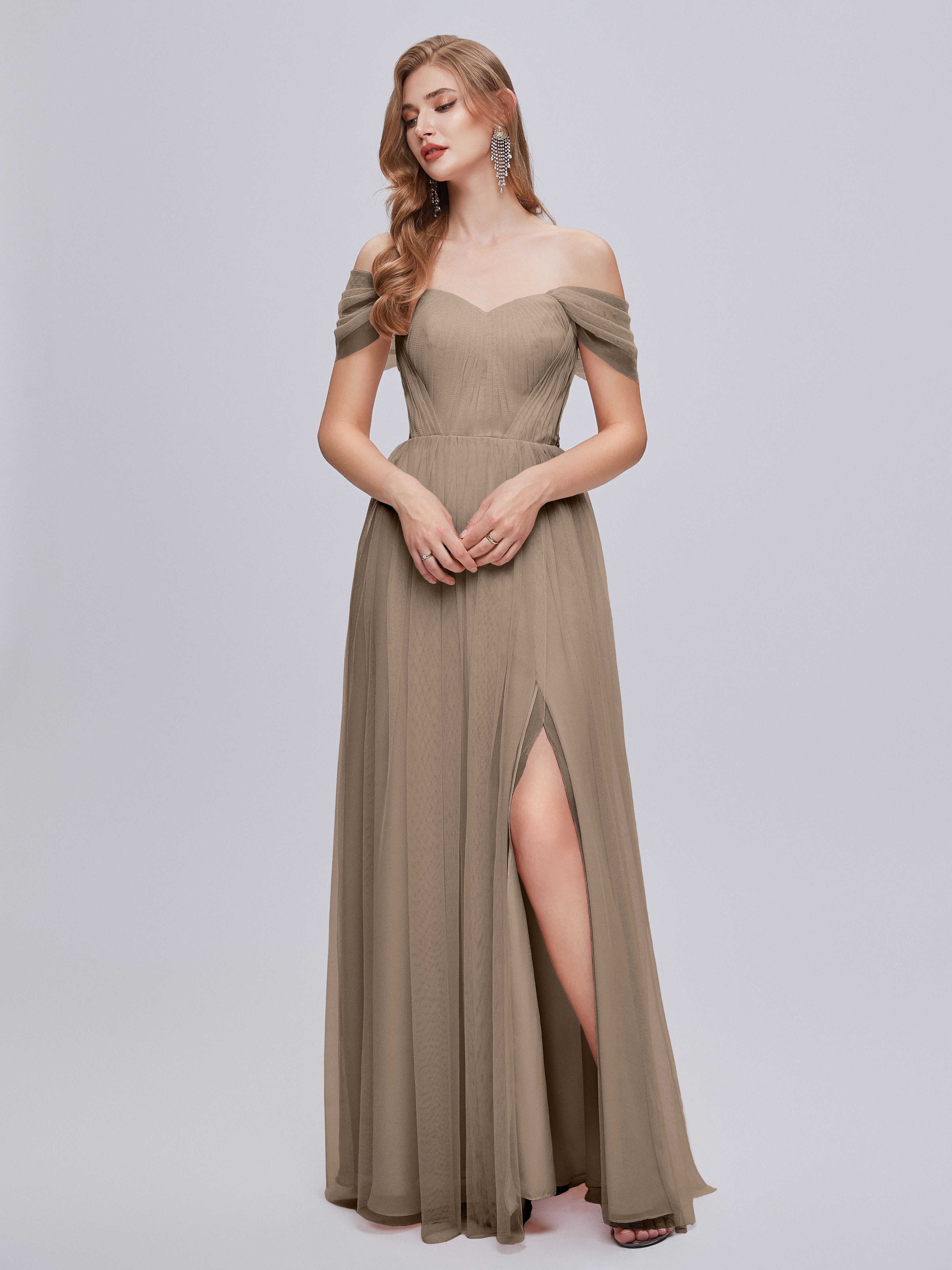 Robe De Couleur Taupe Convertible Fendue Tulle Robe De Demoiselle D'Honneur