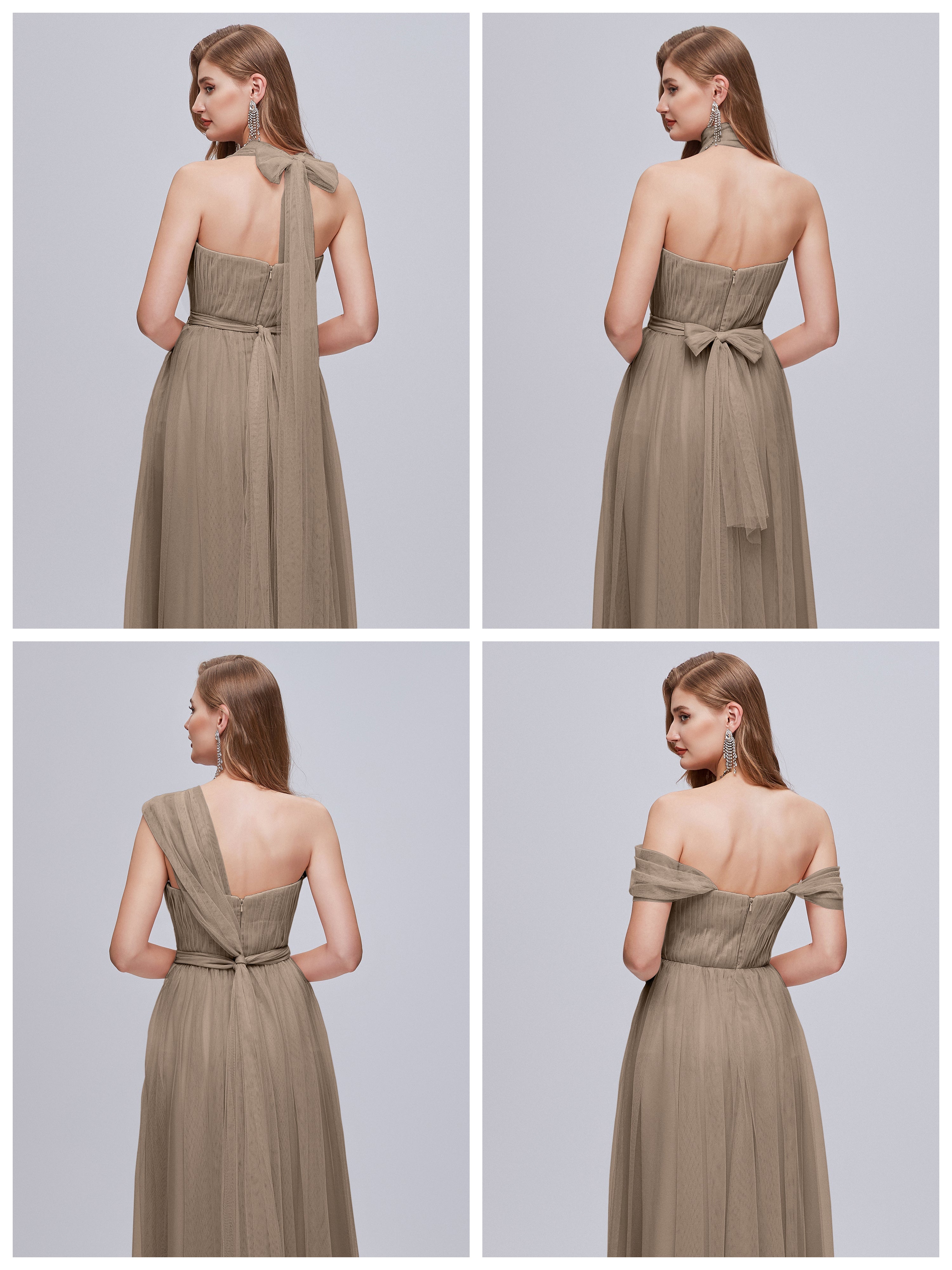 Robe De Couleur Taupe Convertible Fendue Tulle Robe De Demoiselle D'Honneur