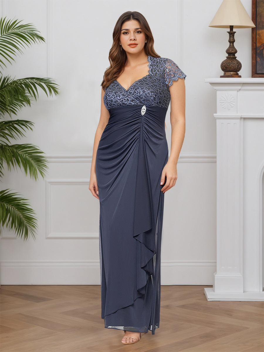 Cicinia GRIS_ACIER Robe pour Mère de la Mariée Longue en Dentelle Décolleté en V Sheath Manches Courtes