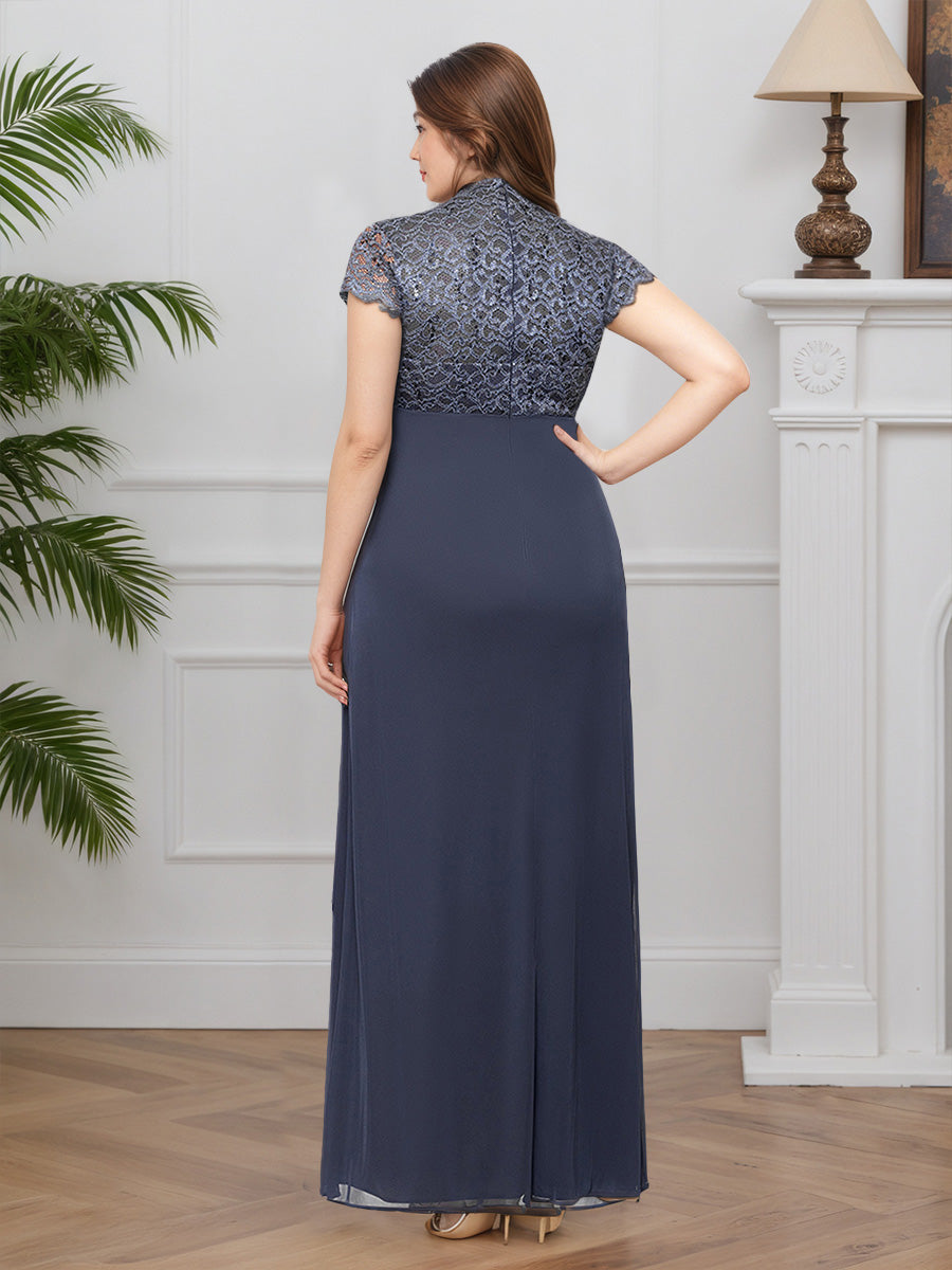 Cicinia GRIS_ACIER Robe pour Mère de la Mariée Longue en Dentelle Décolleté en V Sheath Manches Courtes
