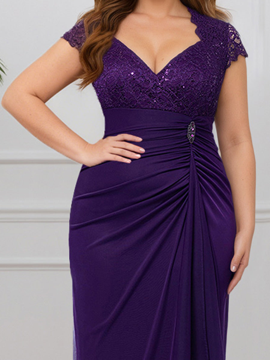 Cicinia Régence Robe pour Mère de la Mariée Longue en Dentelle Décolleté en V Sheath Manches Courtes