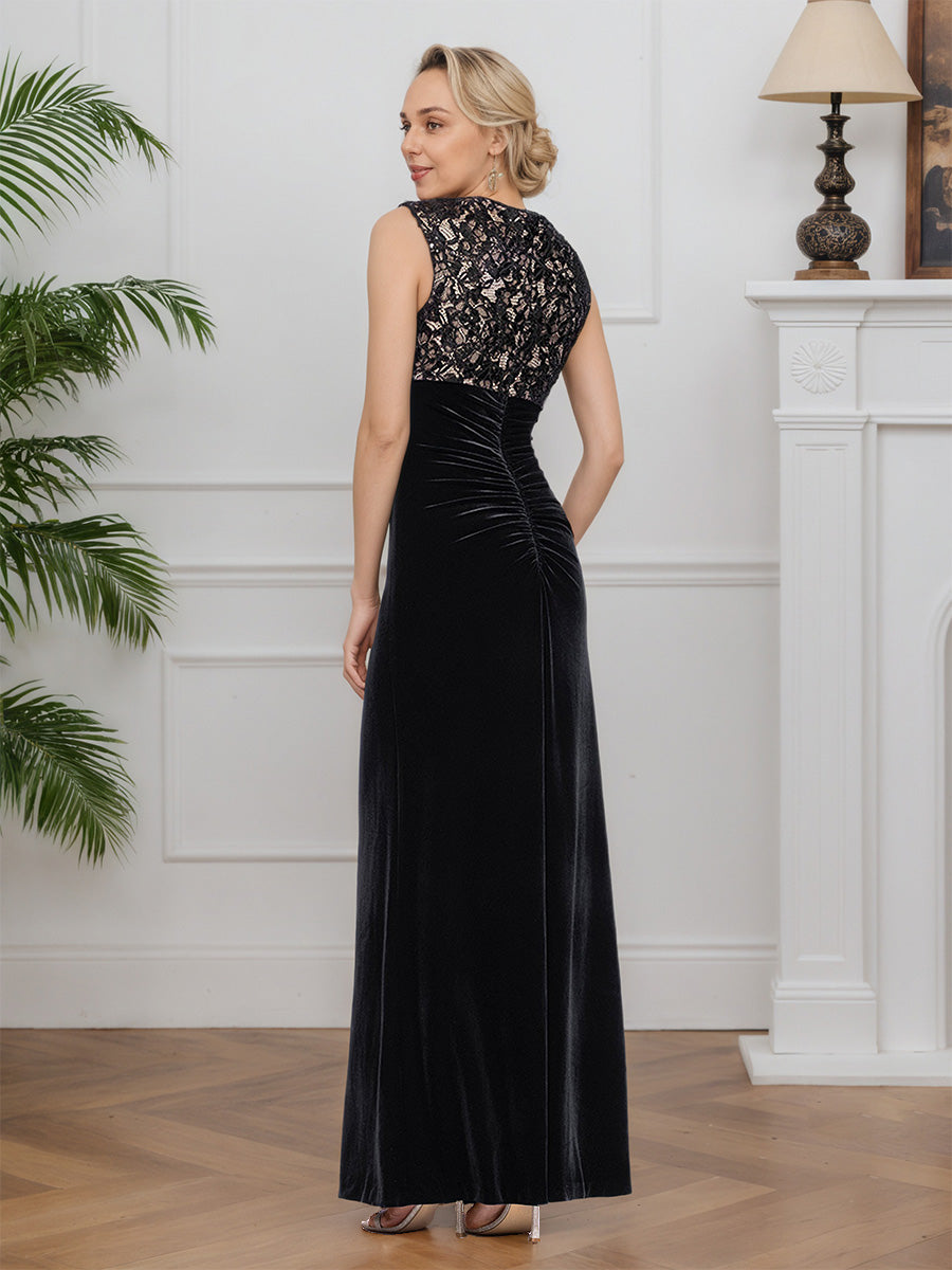 Cicinia Noir Robe pour Mère de la Mariée Longue en Velours et Dentelle Fourreau Robe de Soirée