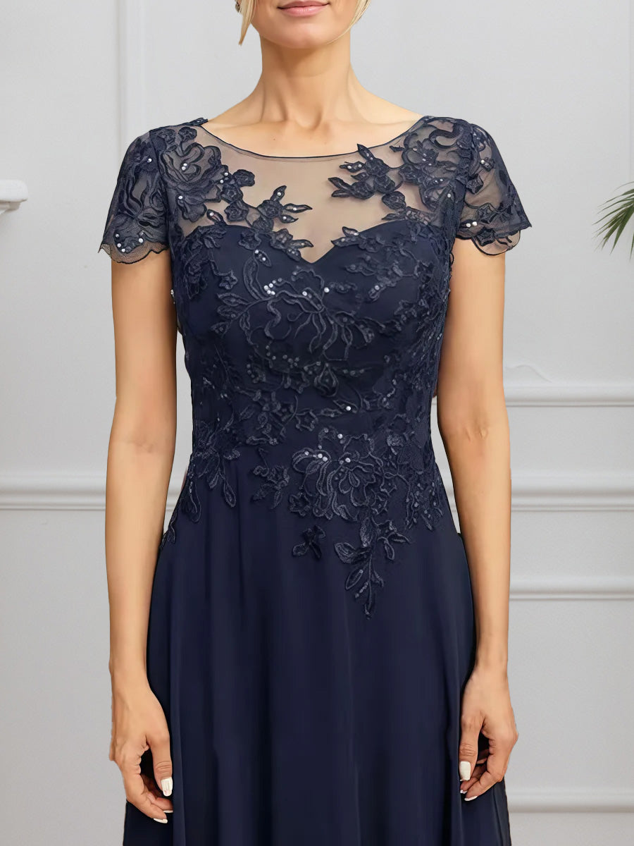 Cicinia Bleu Marine Foncé Robe pour Mère de la Mariée Longue en Mousseline et Dentelle A-Line Manches Capelines Courtes