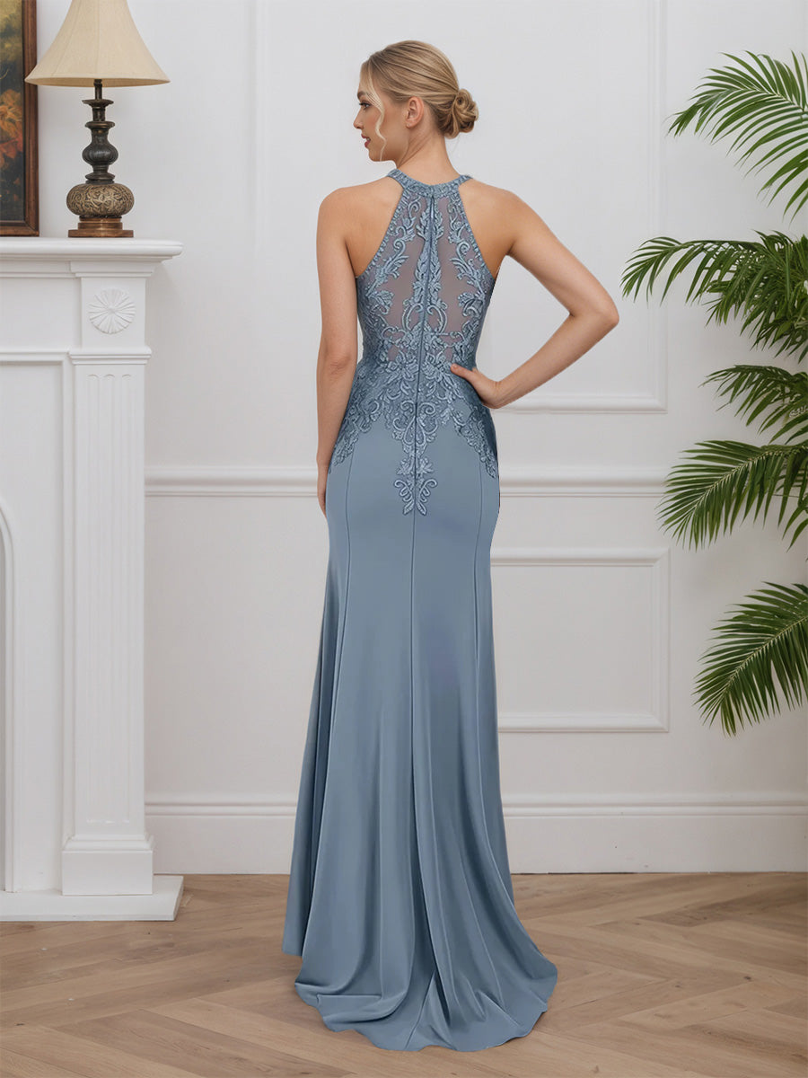 Cicinia Bleu Poussiéreux Robe pour Mère de la Mariée Longue en Tissu Extensible Licou Fourreau sans Manches
