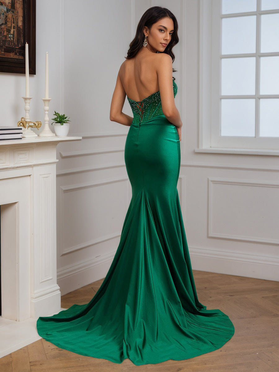 Cicinia Vert Robe de Soirée Longue Fourreau sans Bretelles Perlé Fente Dos Nud