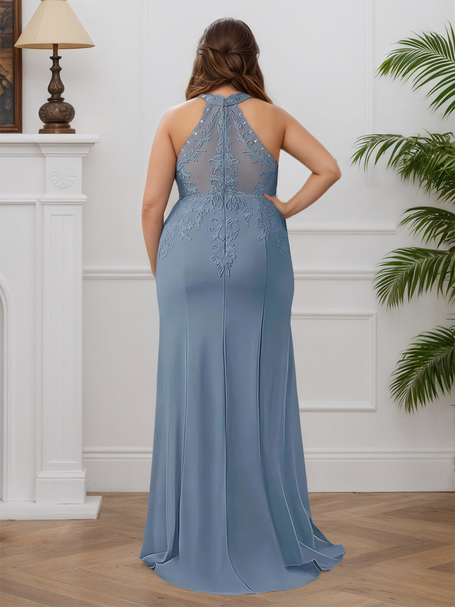 Cicinia Bleu Poussiéreux Robe pour Mère de la Mariée Longue en Tissu Extensible Licou Fourreau sans Manches Grande Taille