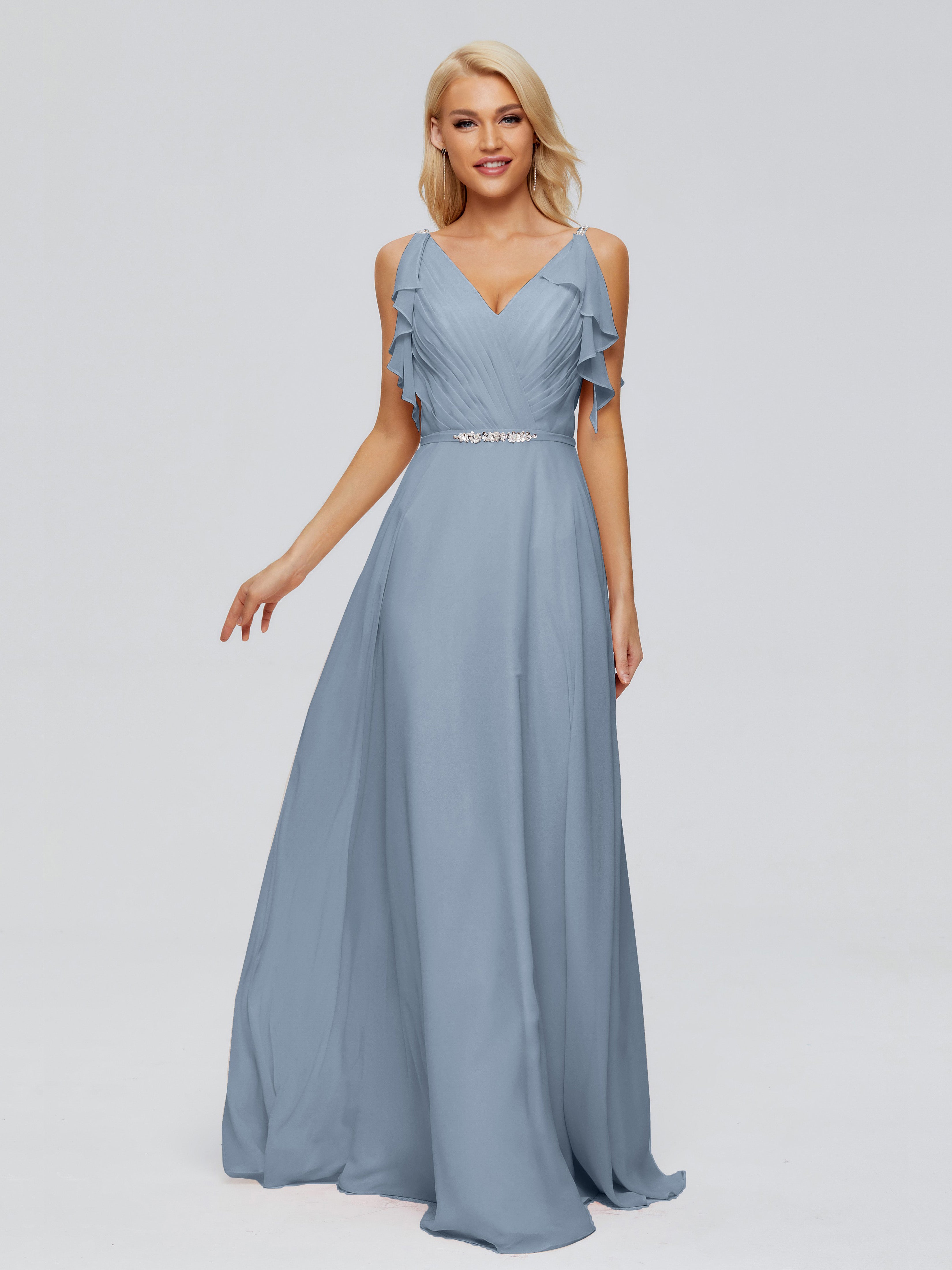 Robes De Demoiselle D'Honneur Bleu Gris Trapèze Dos En V Robes Demoiselle D'Honneur