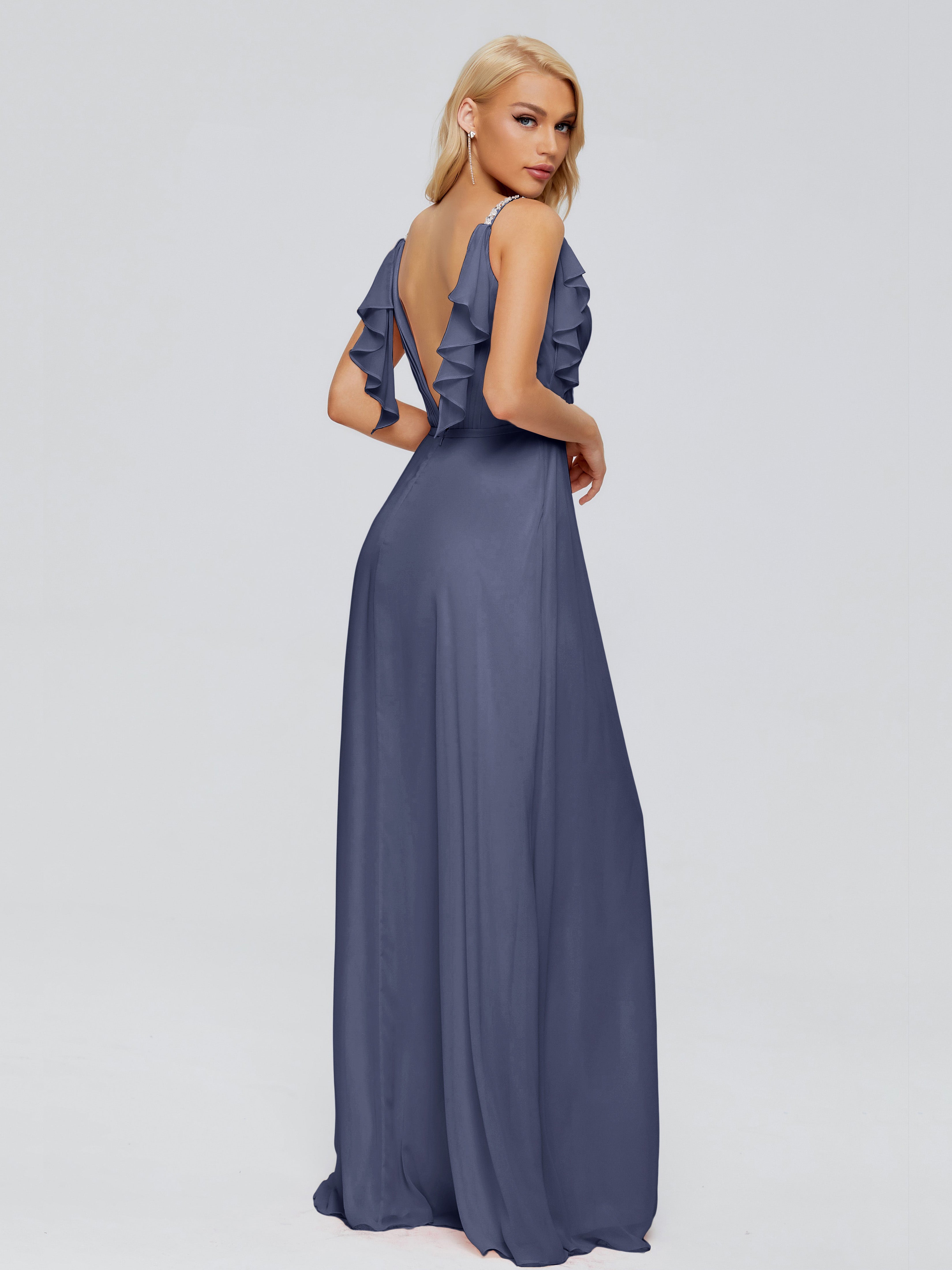 Robes De Demoiselle D'Honneur Bleu Orageux A-ligne Dos En V Robes Demoiselle D'Honneur
