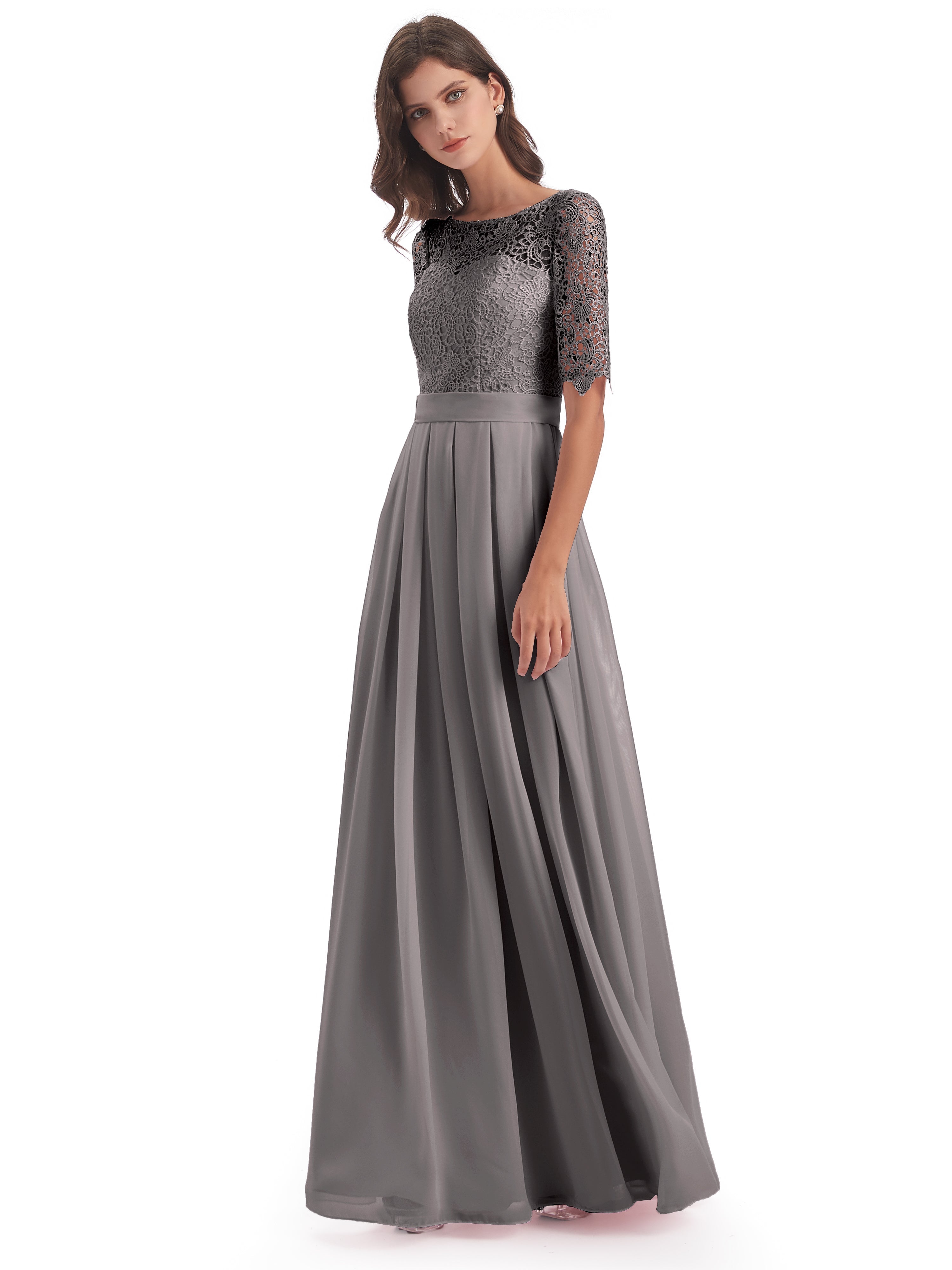 Robe Demoiselle D Honneur Argent Demi Manches Encolure Dégagée Robes Demoiselle D'Honneur