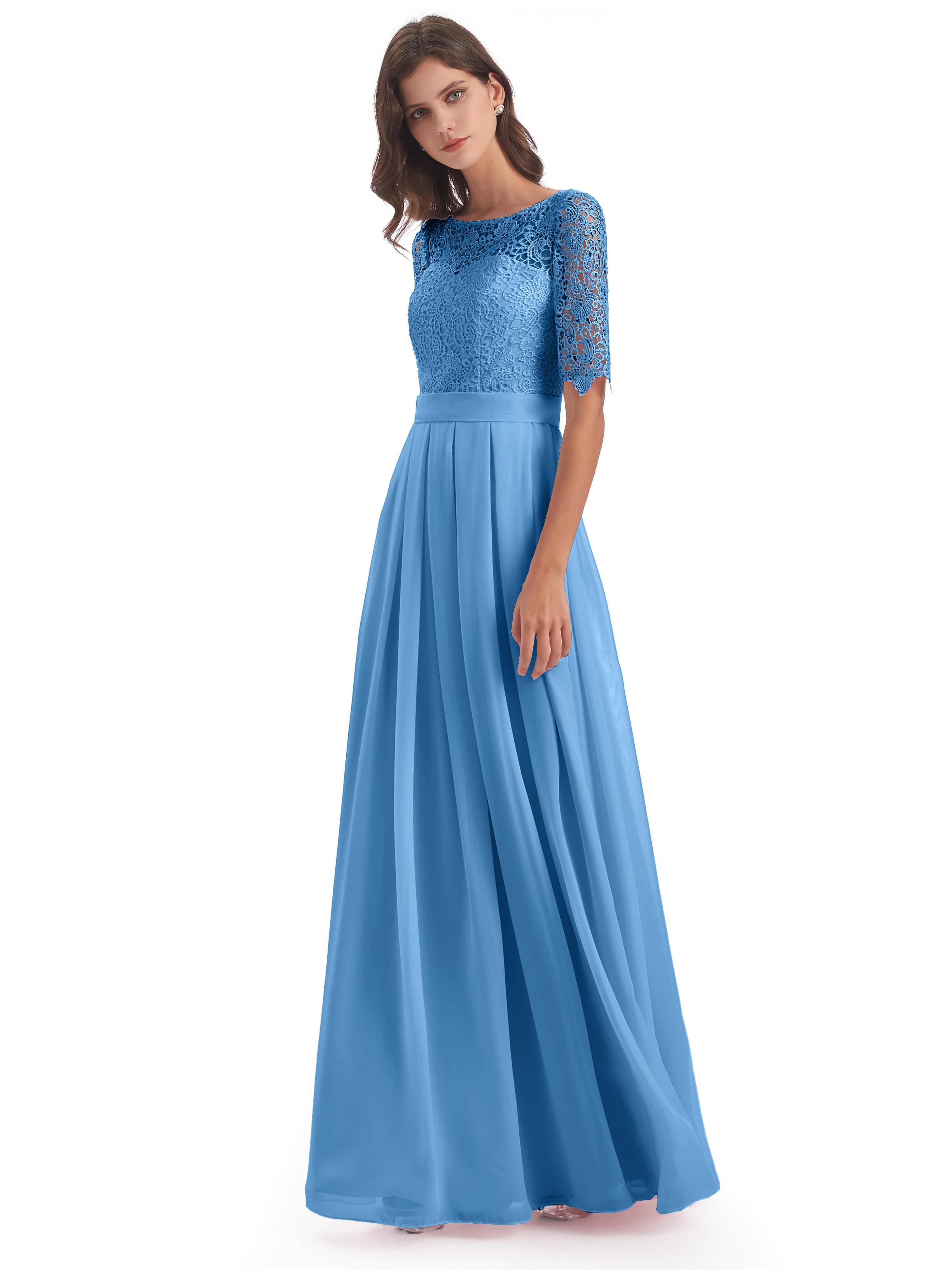 Robe Demoiselle D Honneur Bleu Demi Manches Encolure Dégagée Robes Demoiselle D'Honneur