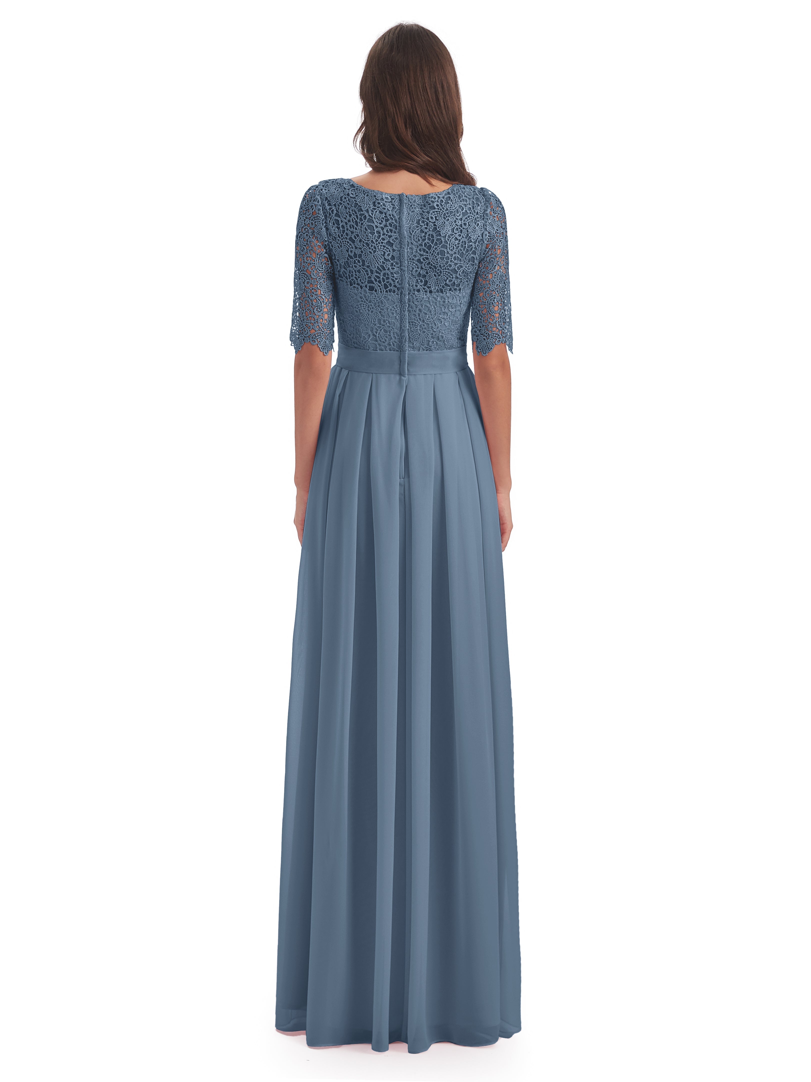 Robes De Demoiselle D'Honneur Bleu De Schiste Demi Manches Encolure Dégagée Robes Demoiselle D'Honneur