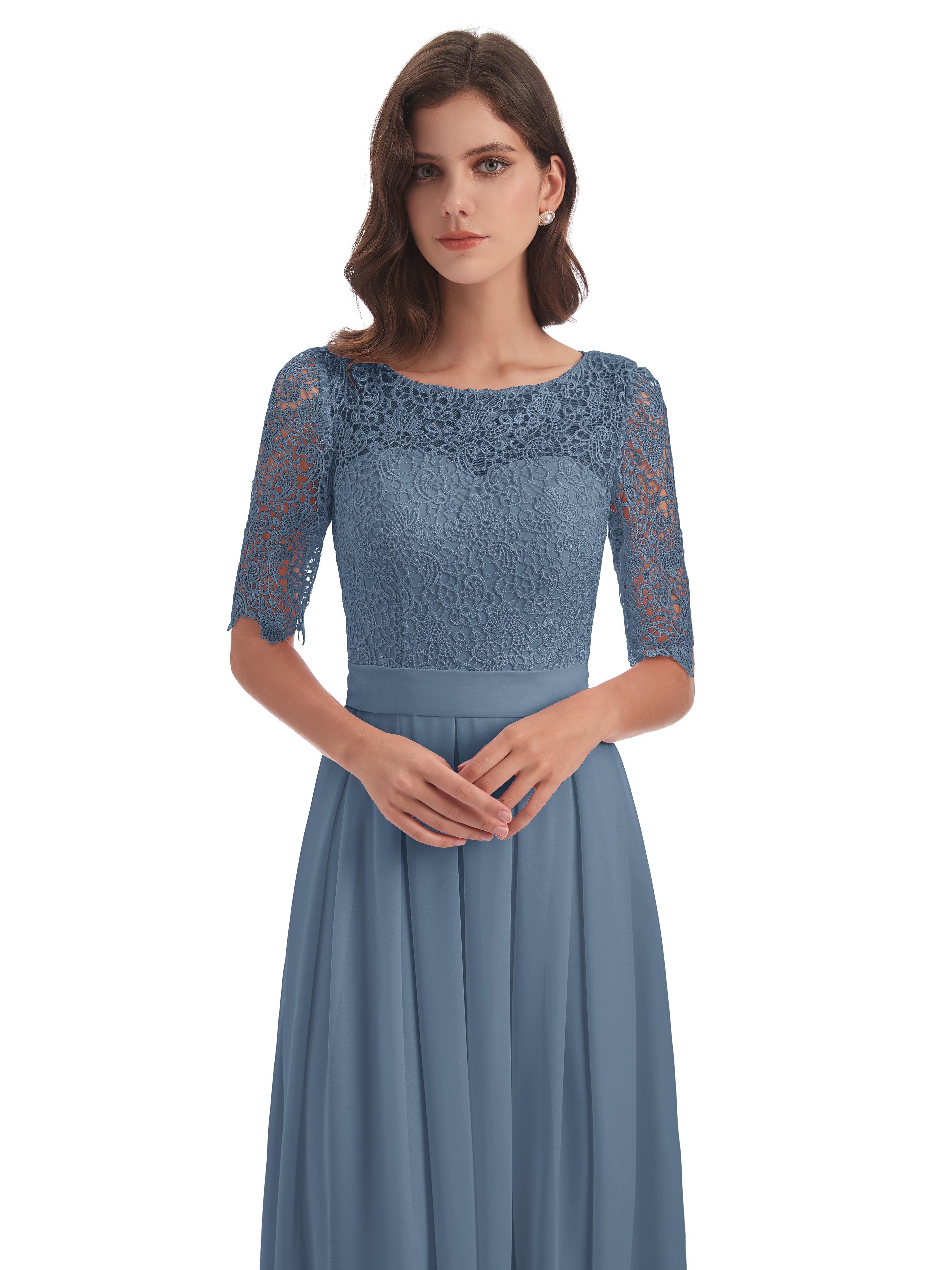 Robes De Demoiselle D'Honneur Bleu De Schiste Demi Manches Encolure Dégagée Robes Demoiselle D'Honneur