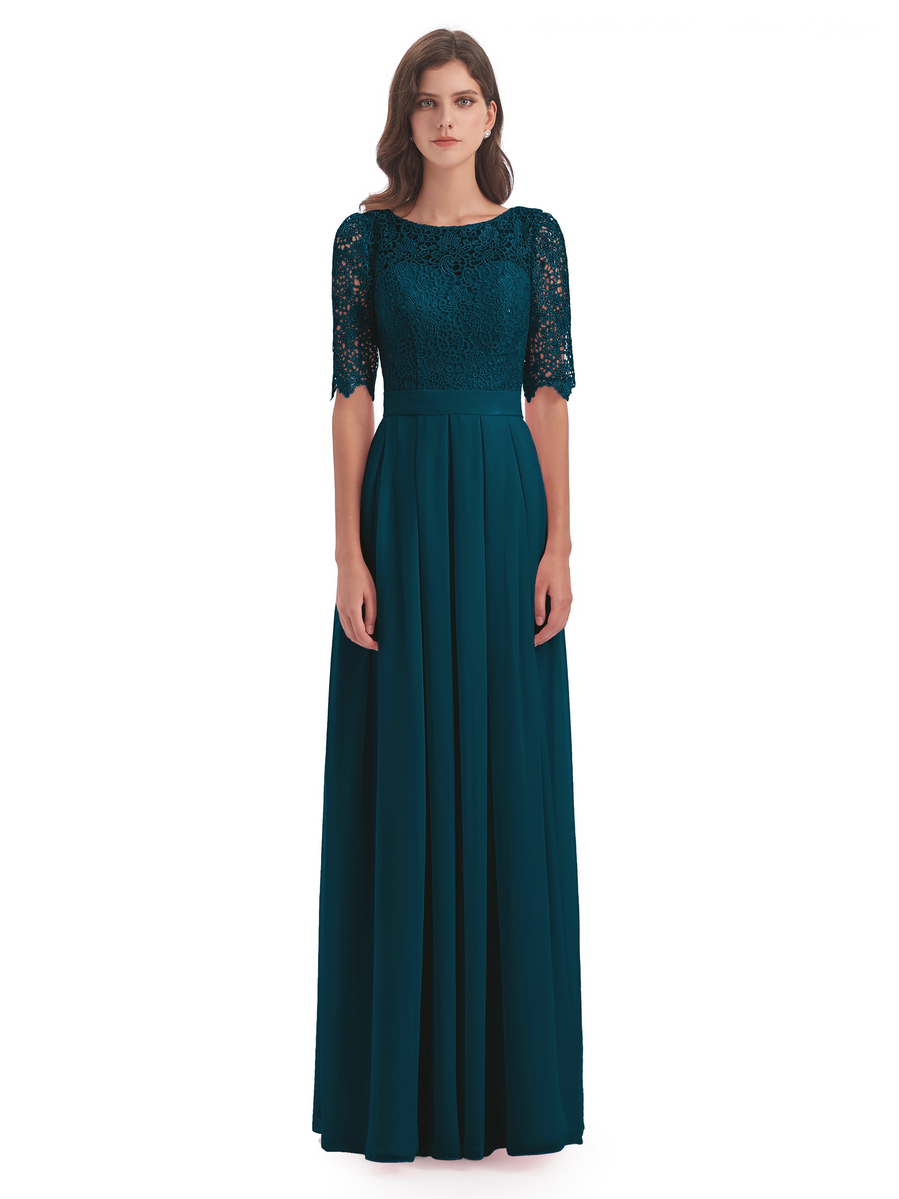 Robe De Demoiselle D'Honneur Bleu Encre Demi Manches Encolure Dégagée Robes Demoiselle D'Honneur