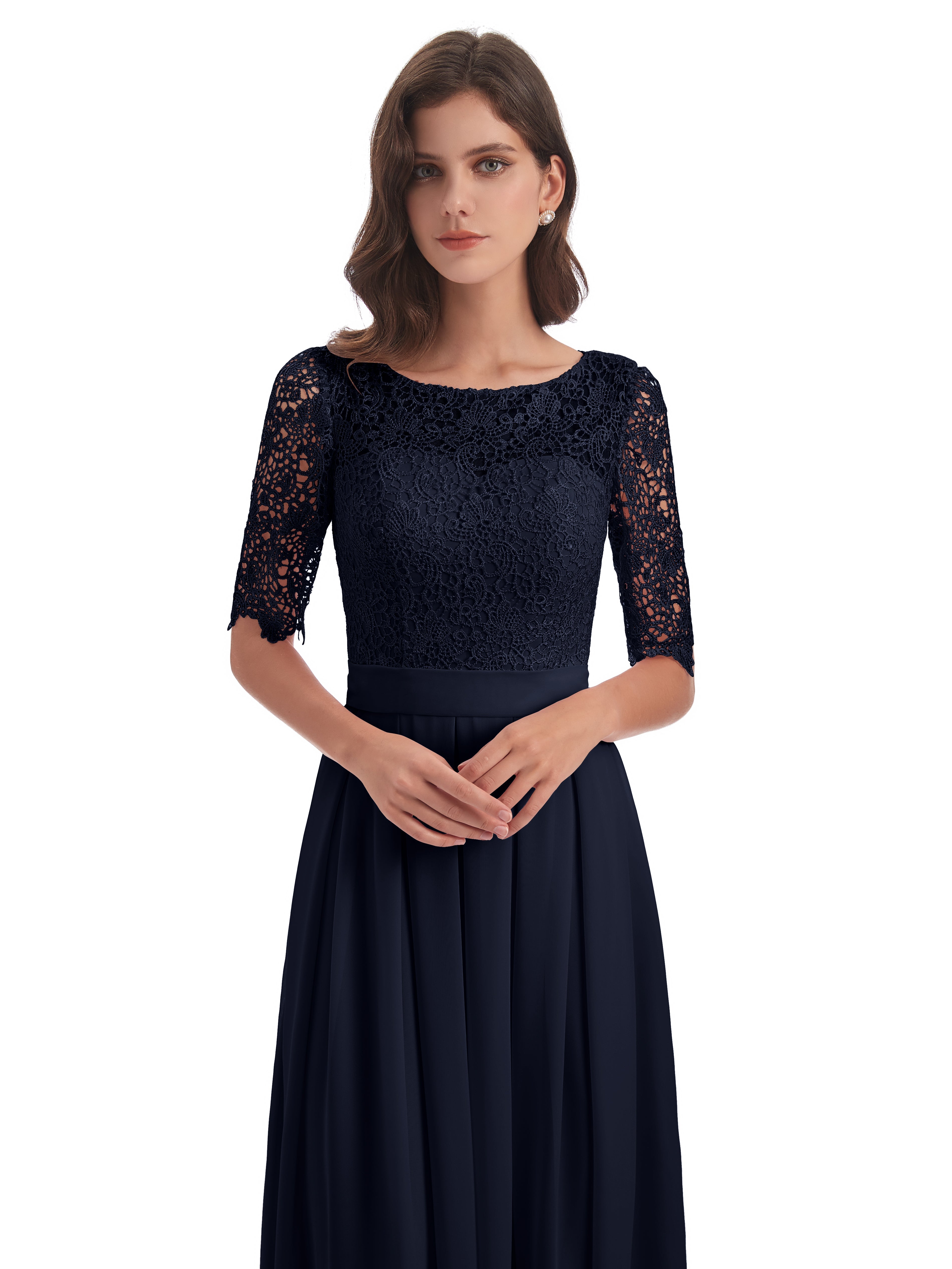 Robe Bleu Marine Demoiselle D Honneur Demi Manches Encolure Dégagée Robes Demoiselle D'Honneur
