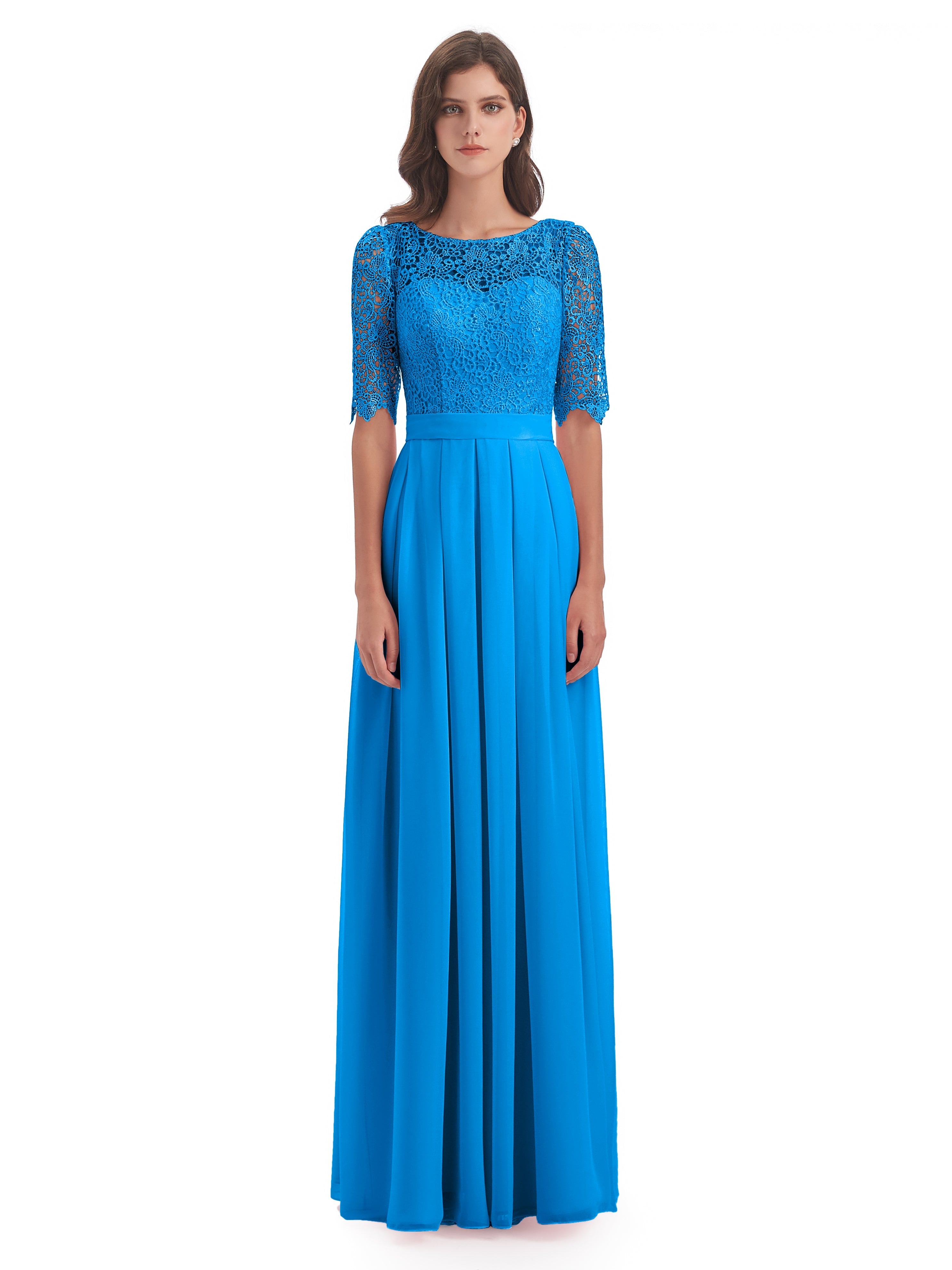 Robes De Demoiselle D'Honneur Bleu Océan Demi Manches Encolure Dégagée Robes Demoiselle D'Honneur