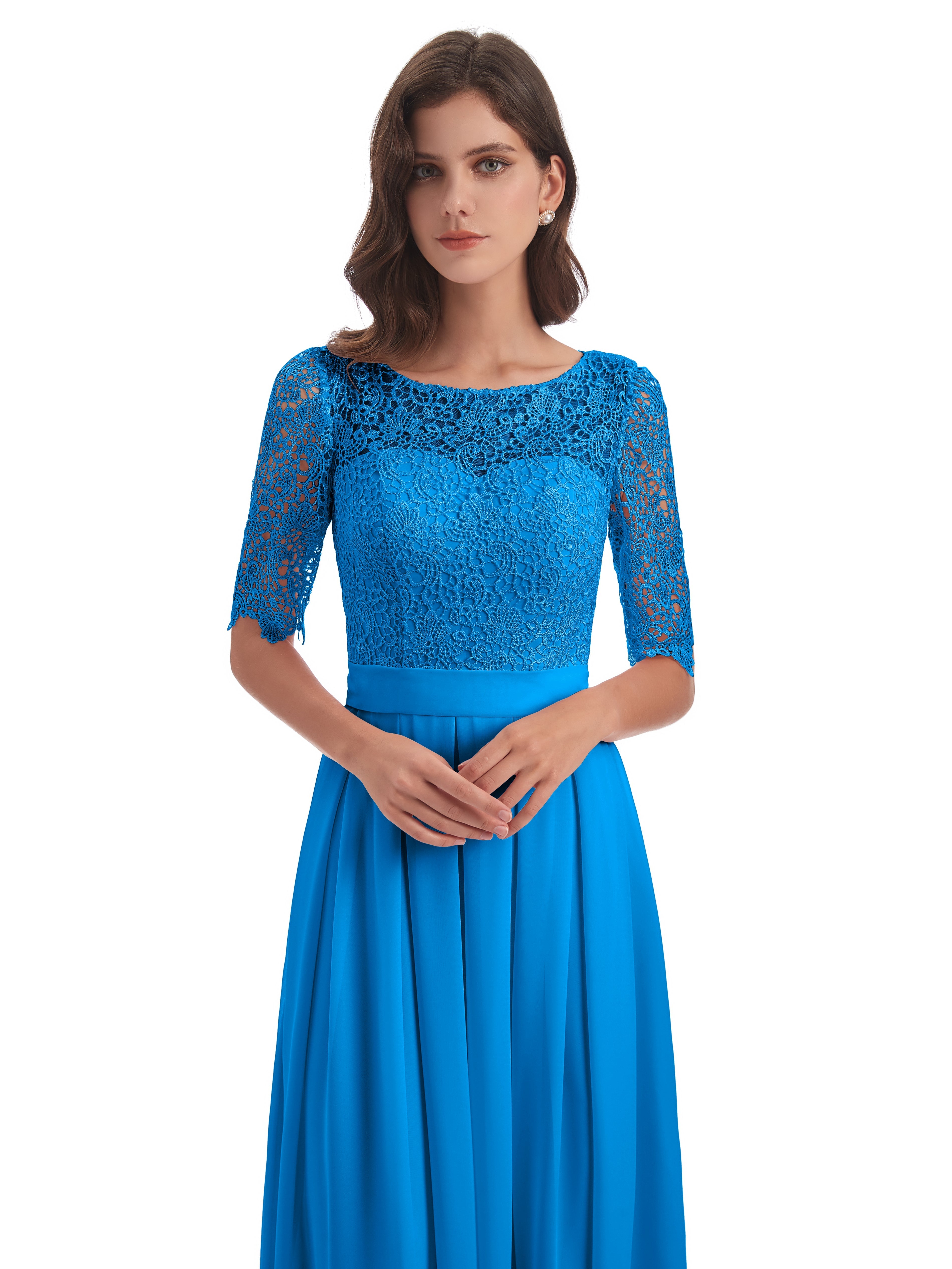 Robes De Demoiselle D'Honneur Bleu Océan Demi Manches Encolure Dégagée Robes Demoiselle D'Honneur