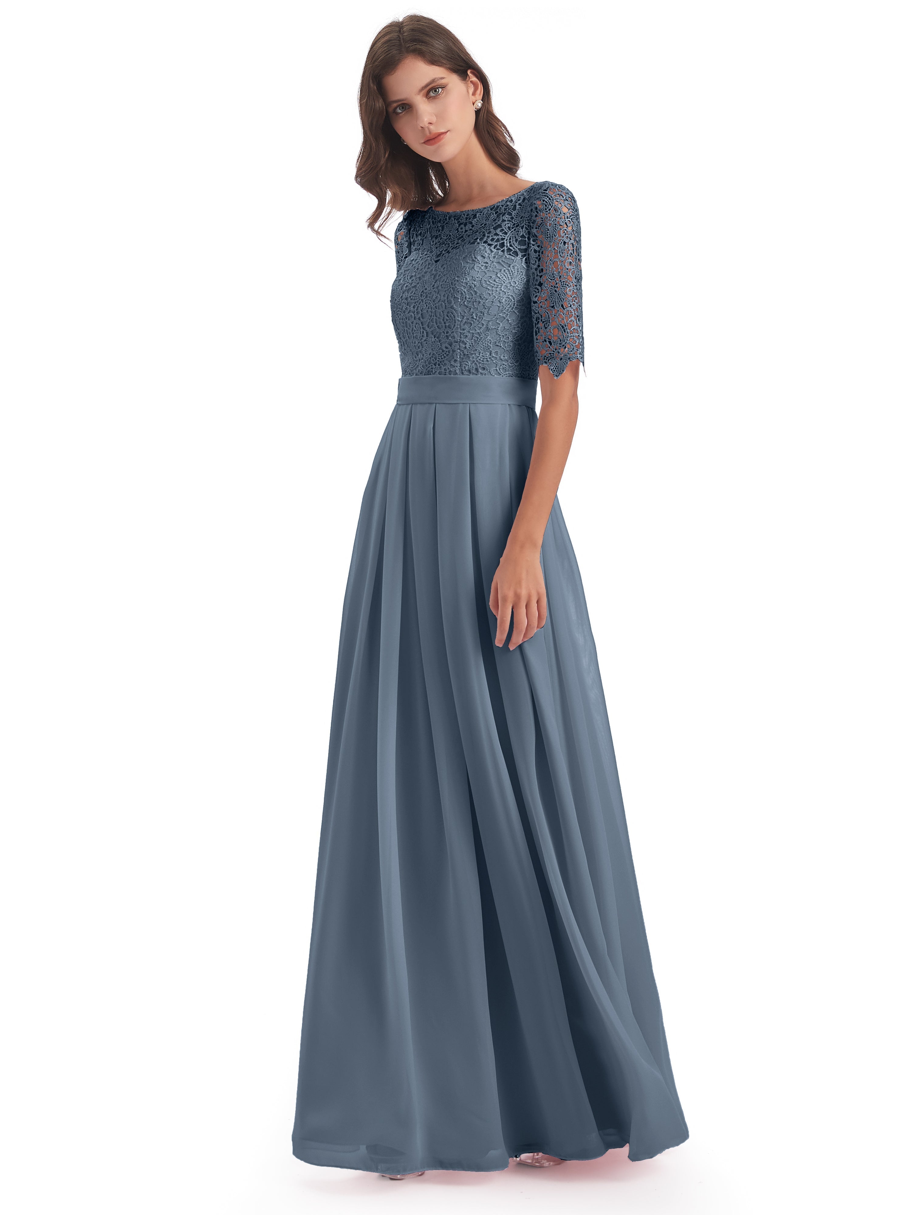Robes De Demoiselle D'Honneur Bleu Gris Demi Manches Encolure Dégagée Robes Demoiselle D'Honneur