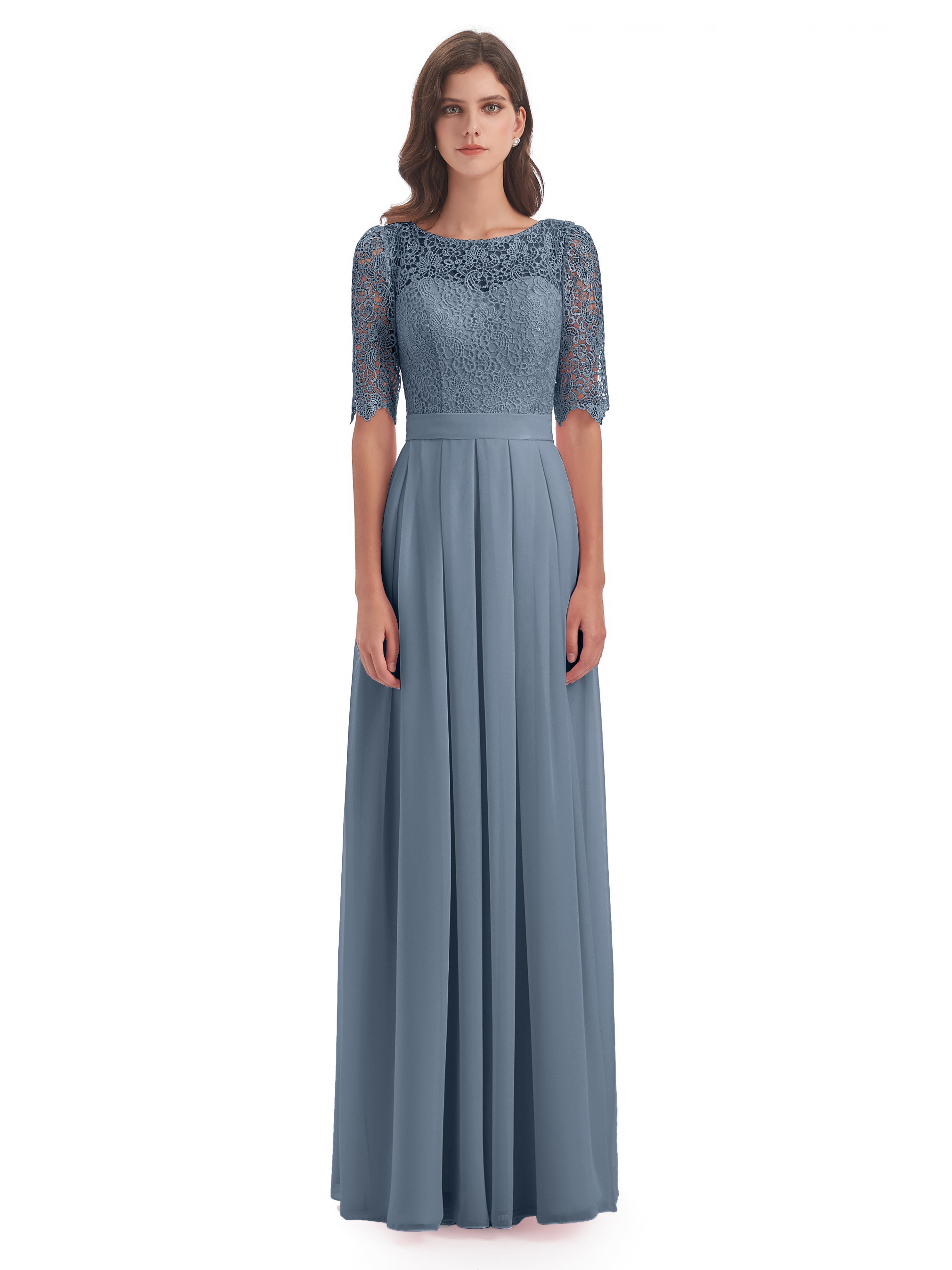 Robes De Demoiselle D'Honneur Bleu Gris Demi Manches Encolure Dégagée Robes Demoiselle D'Honneur