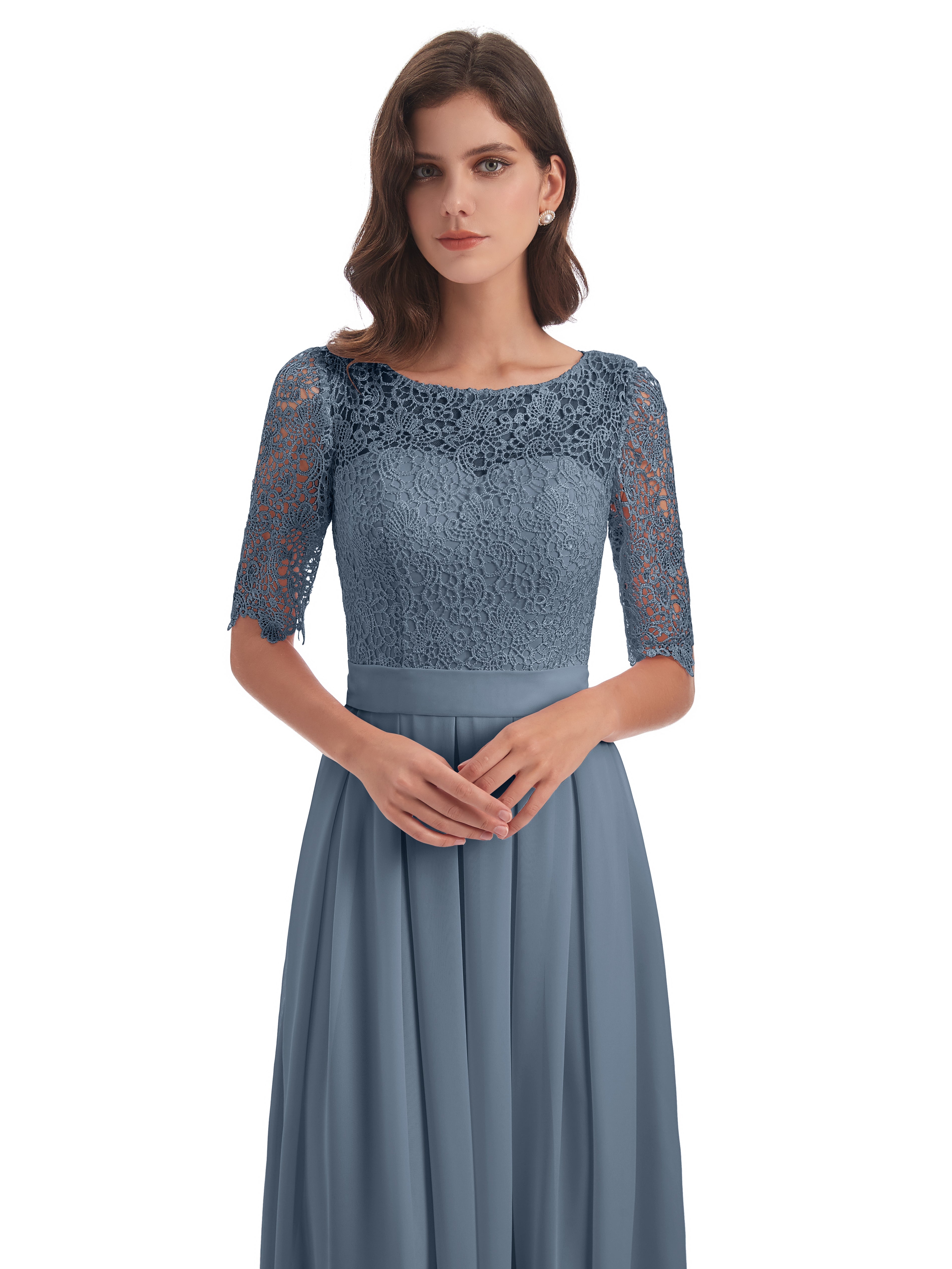 Robes De Demoiselle D'Honneur Bleu Gris Demi Manches Encolure Dégagée Robes Demoiselle D'Honneur