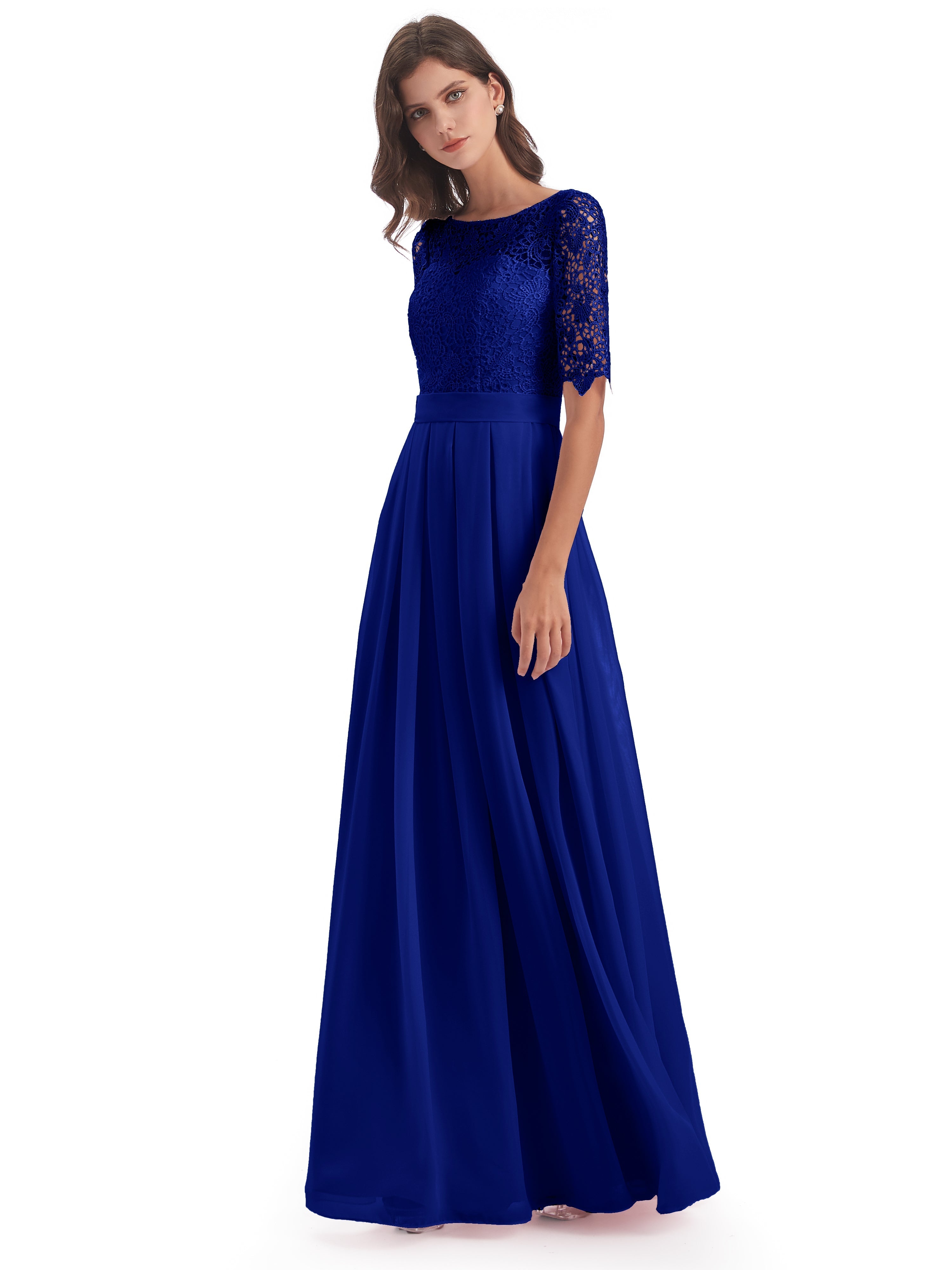 Robe Demoiselle D Honneur Bleue Roi Demi Manches Encolure Dégagée Robes Demoiselle D'Honneur