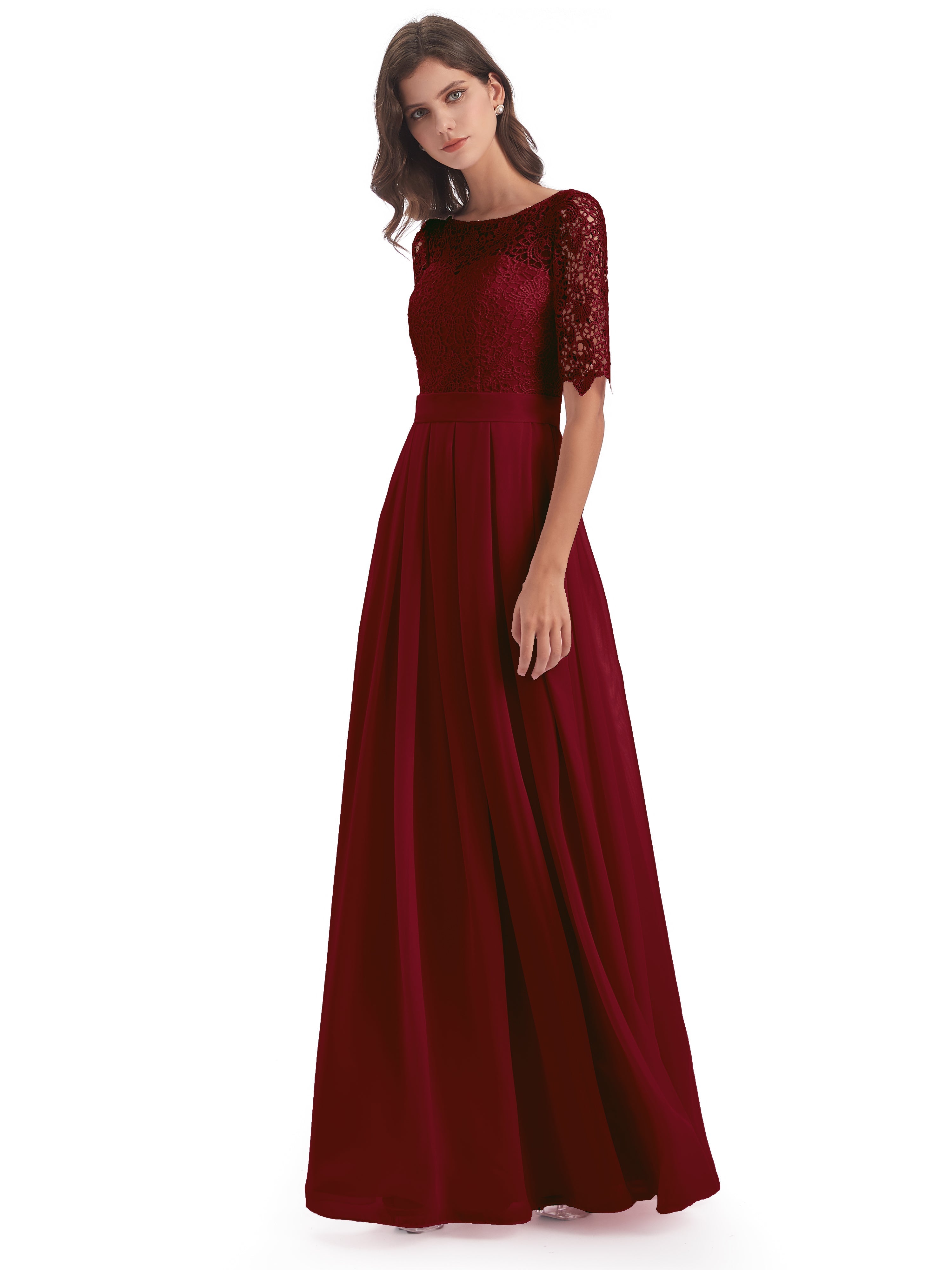 Robe Demoiselle D Honneur Rouge Bordeaux Demi Manches Encolure Dégagée Robes Demoiselle D'Honneur