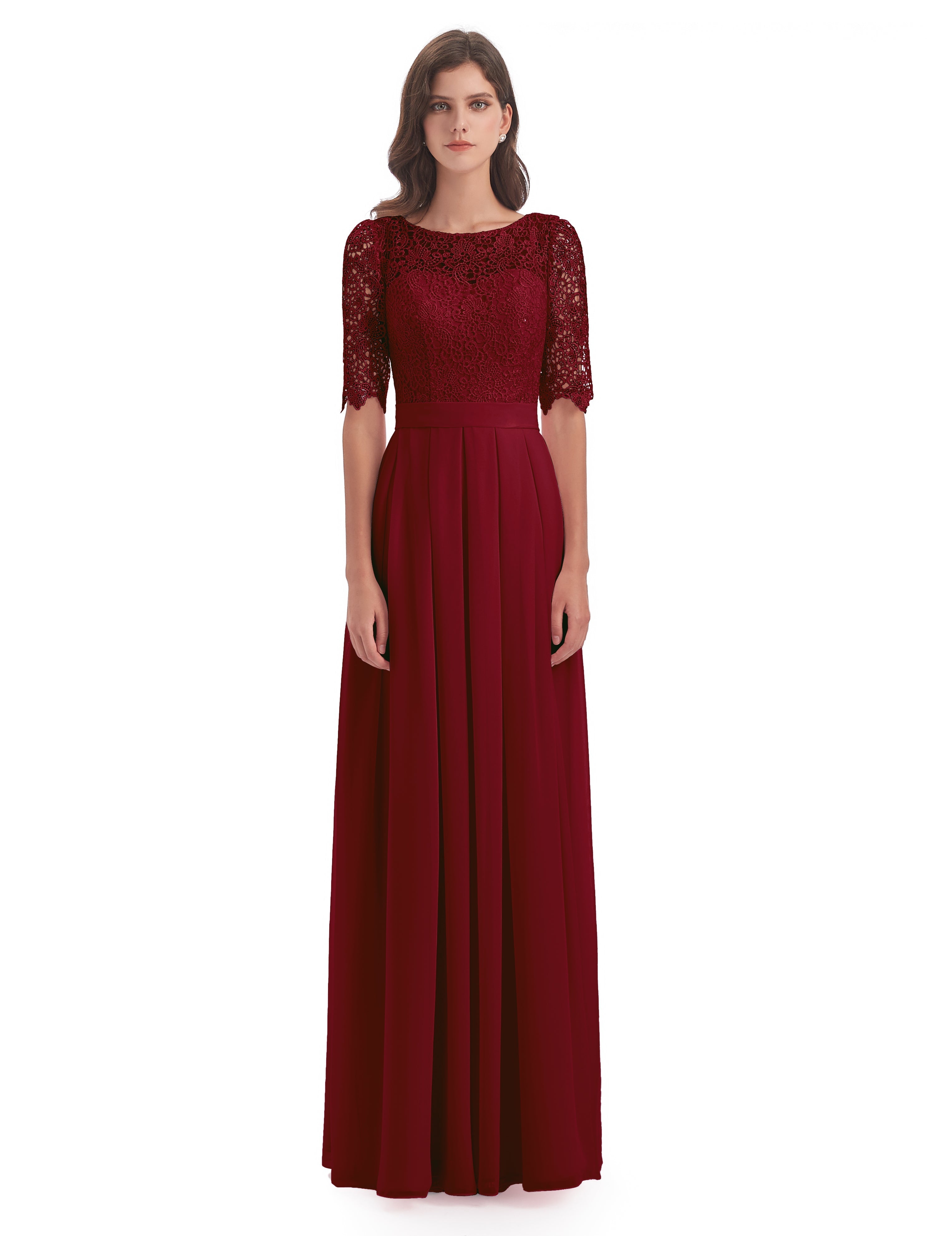 Robe Demoiselle D Honneur Rouge Bordeaux Demi Manches Encolure Dégagée Robes Demoiselle D'Honneur
