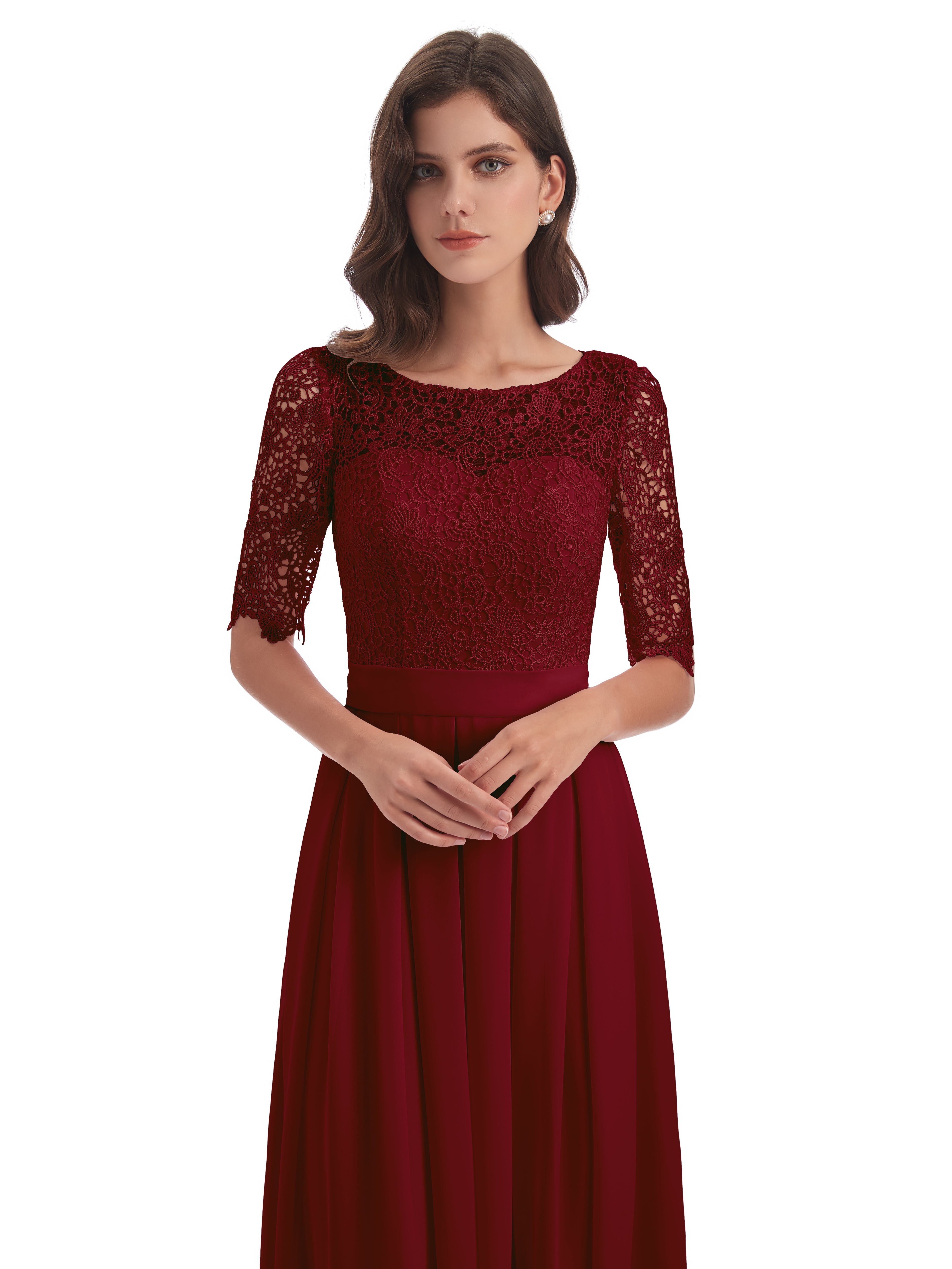 Robe Demoiselle D Honneur Rouge Bordeaux Demi Manches Encolure Dégagée Robes Demoiselle D'Honneur