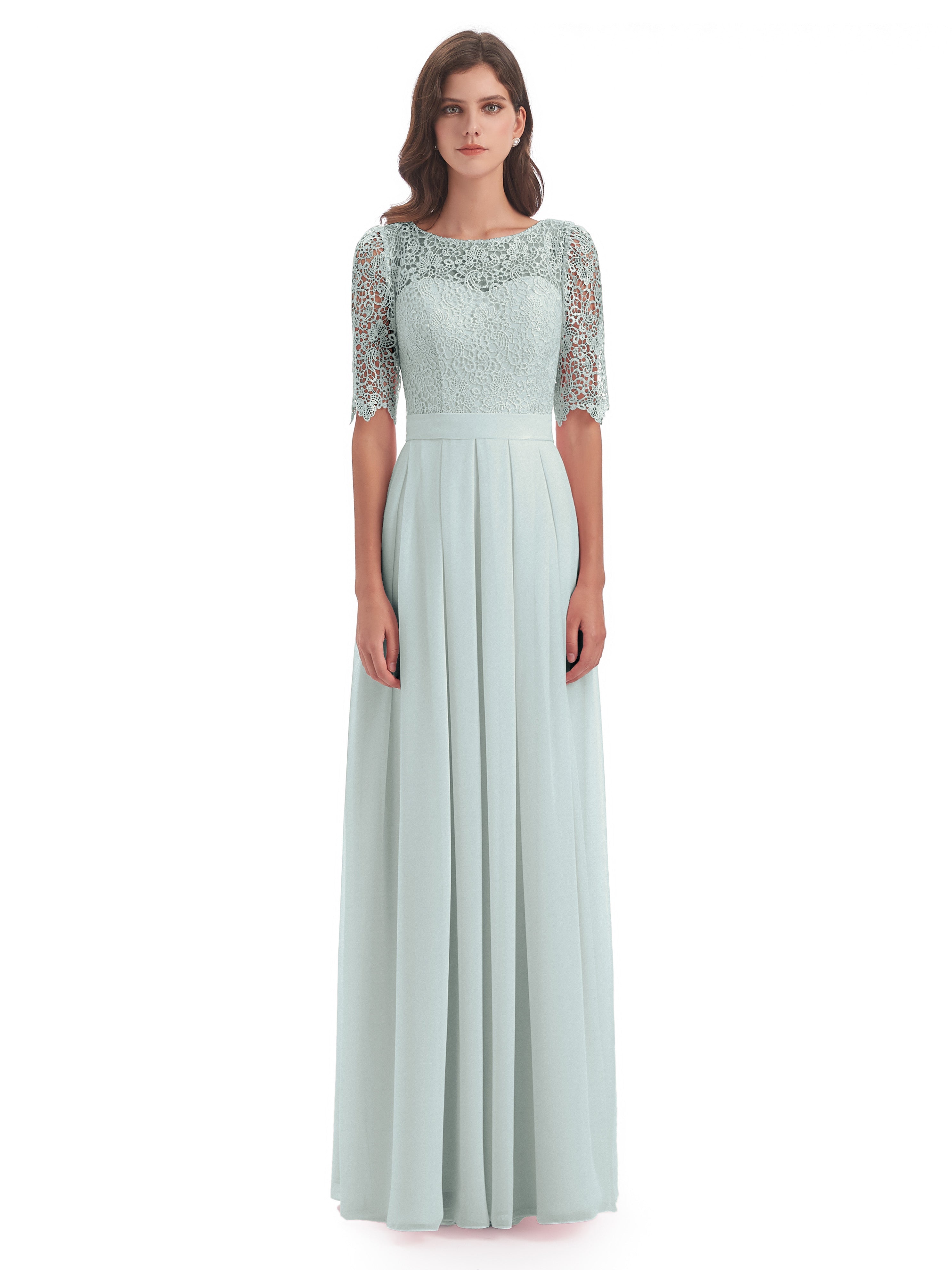 Robe Demoiselle D Honneur Celadon Demi Manches Encolure Dégagée Robes Demoiselle D'Honneur