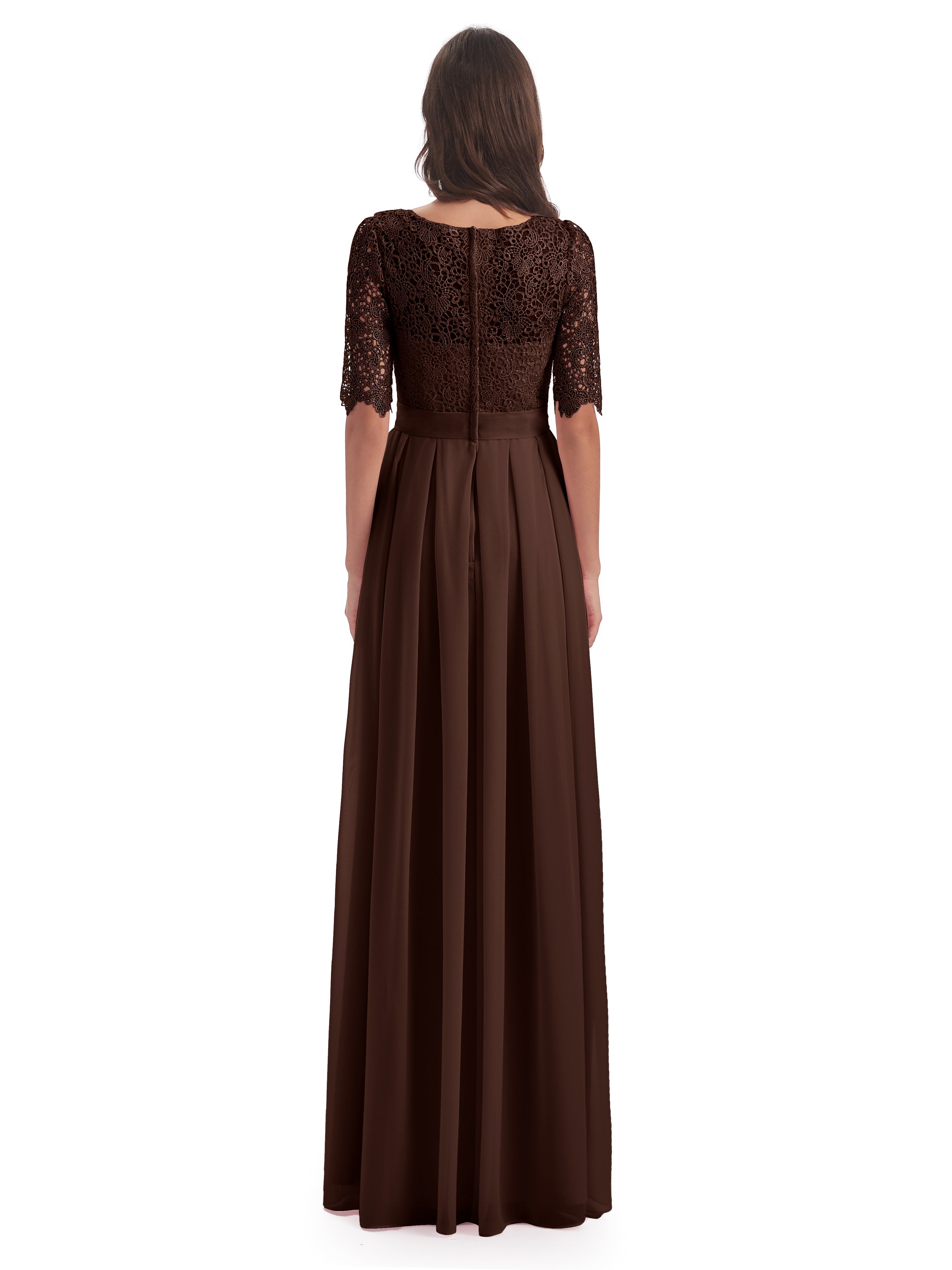 Robe Demoiselle D Honneur Marron Chocolat Demi Manches Encolure Dégagée Robes Demoiselle D'Honneur